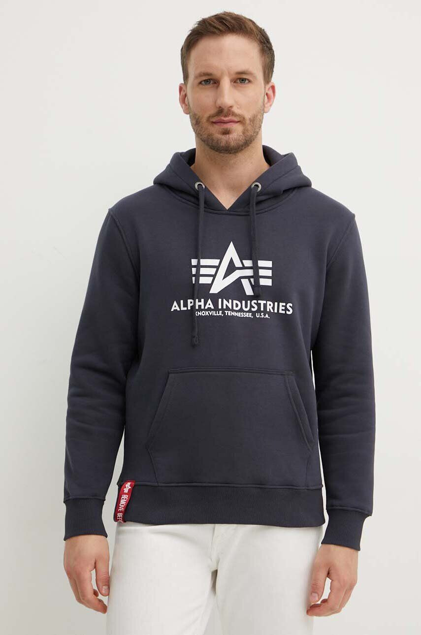 Alpha Industries felső Basic Hoody sötétkék férfi nyomott mintás kapucnis - Pepit.hu