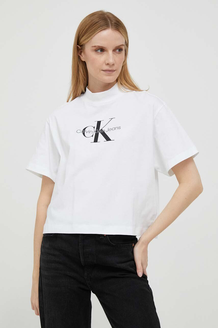 Calvin Klein Jeans pamut póló félgarbó nyakú fehér - Pepit.hu