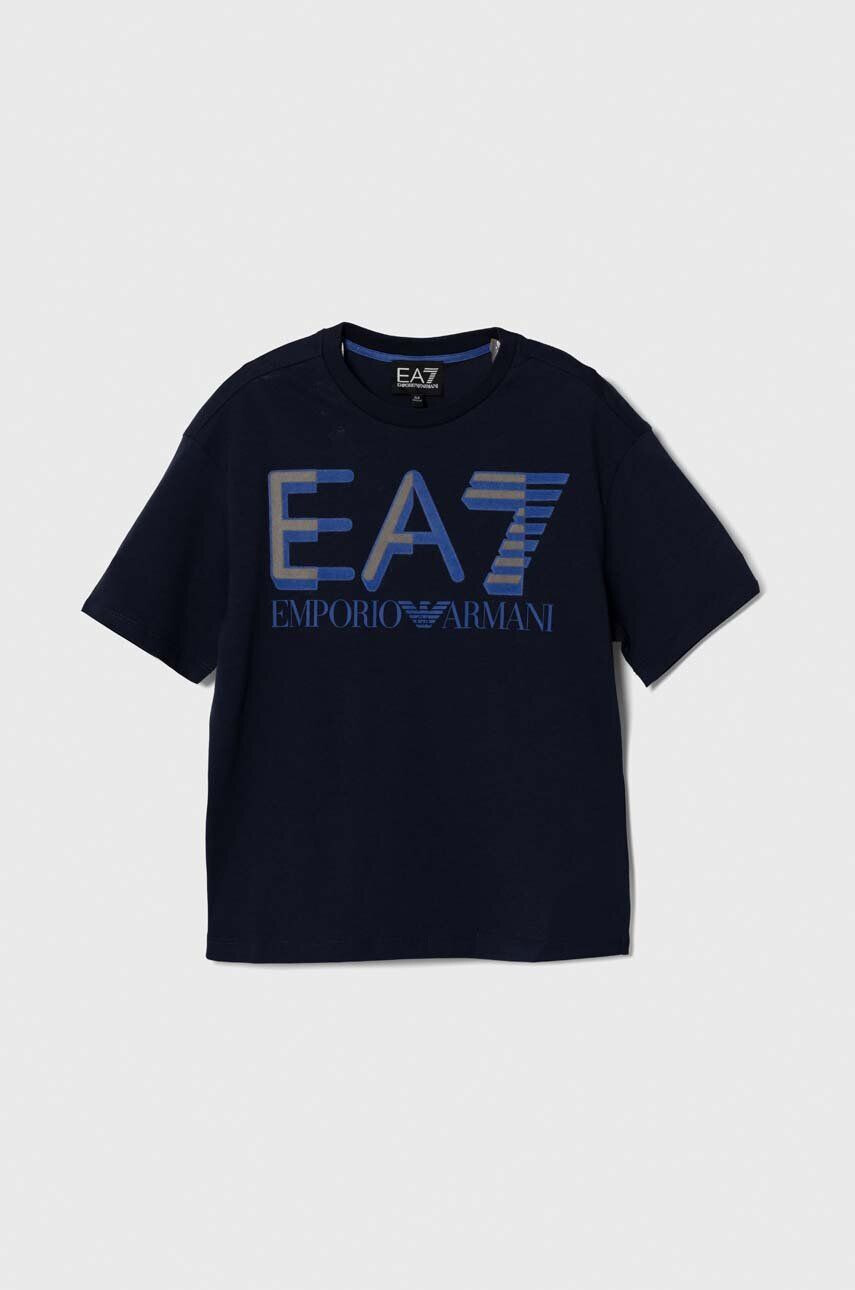 EA7 Emporio Armani gyerek pamut póló sötétkék nyomott mintás - Pepit.hu