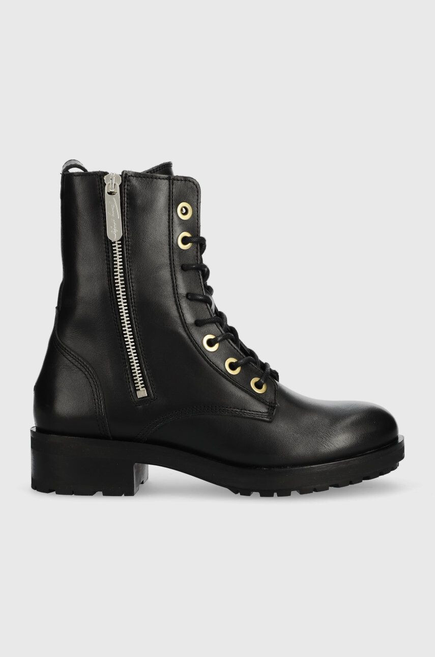 Tommy Hilfiger bőr bakancs Th Essentials Biker Boot fekete női téliesített lapos talpú - Pepit.hu