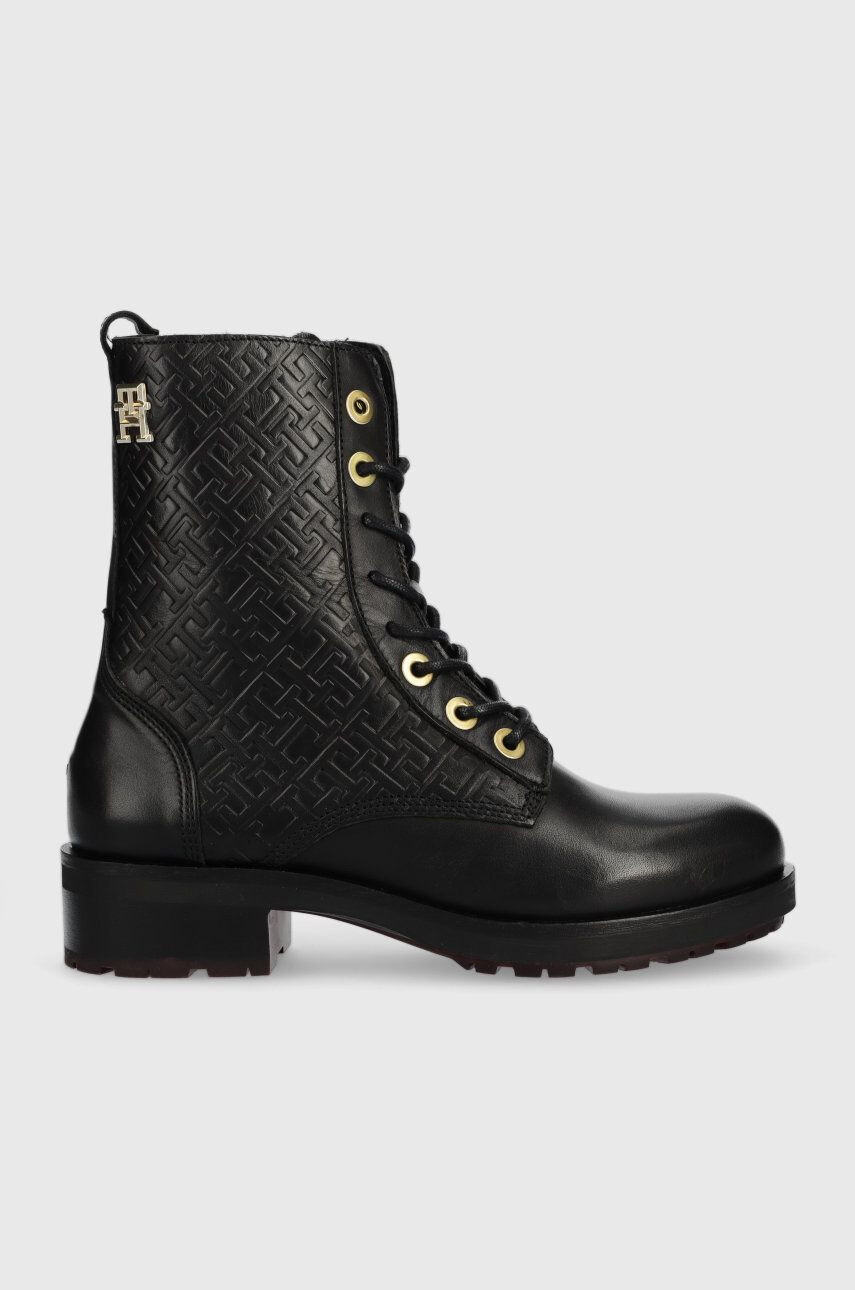 Tommy Hilfiger bőr bakancs Th Monogram Biker Boot fekete női lapos talpú - Pepit.hu