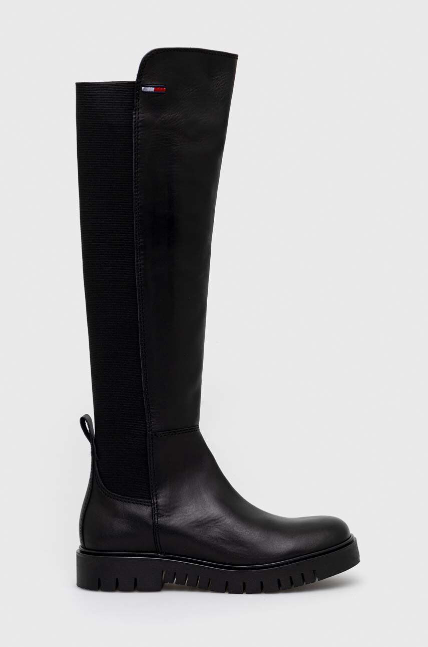 Tommy Jeans csizma Long Leather Boot fekete női platformos - Pepit.hu