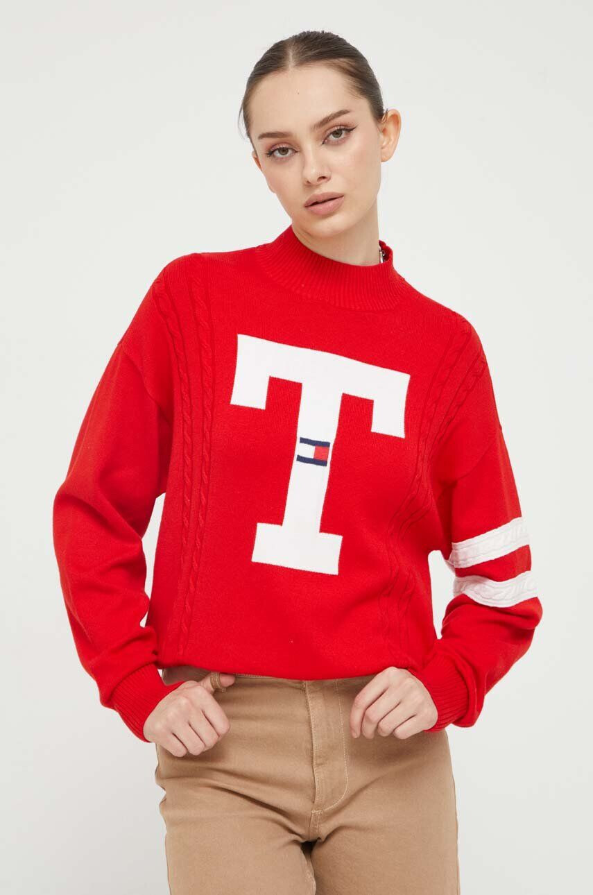 Tommy Jeans pamut pulóver piros félgarbó nyakú - Pepit.hu