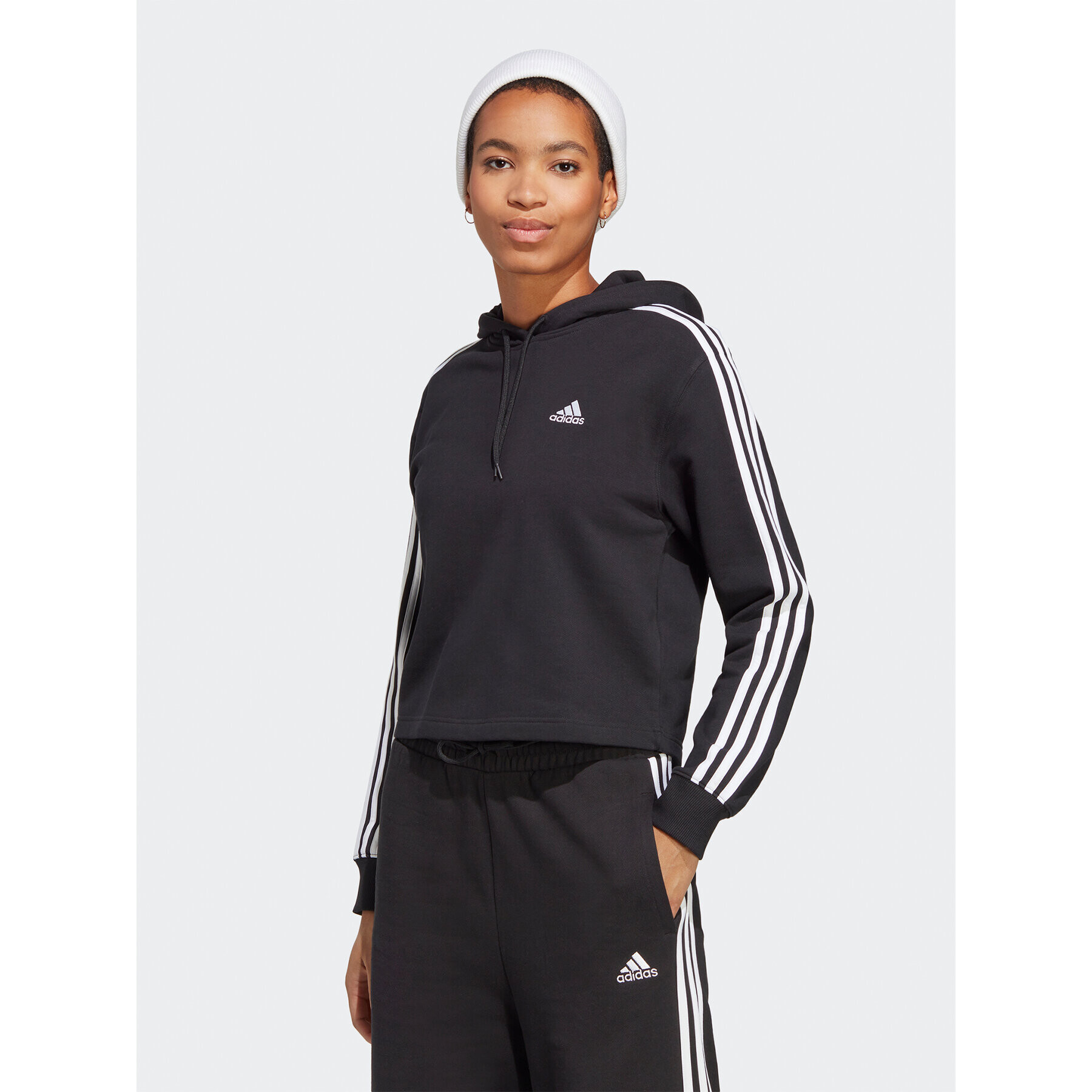 adidas Pulóver Essentials 3-Stripes French Terry Crop Hoodie IC8767 Fekete Regular Fit - Pepit.hu