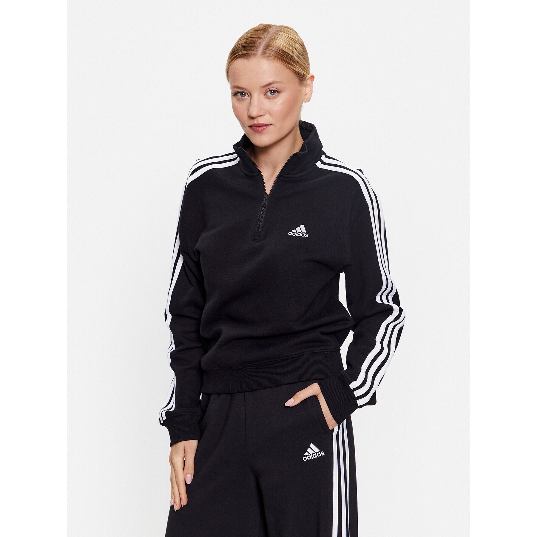 adidas Pulóver Essentials 3-Stripes Quarter-Zip Sweatshirt IC8780 Fekete Regular Fit - Pepit.hu