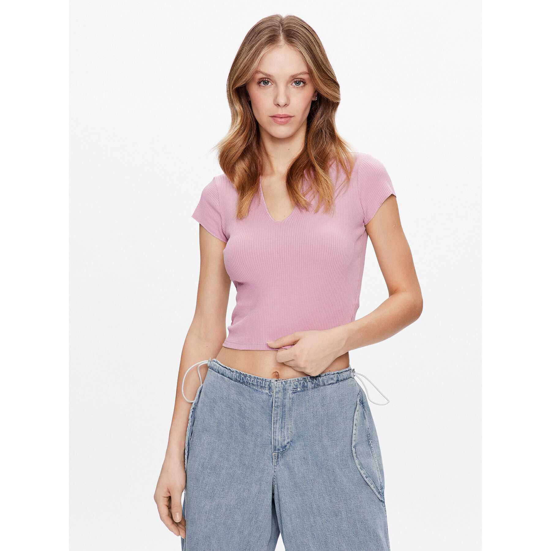 BDG Urban Outfitters Felső BDG NOLA NOTCH NECK SS 76467927 Rózsaszín Slim Fit - Pepit.hu