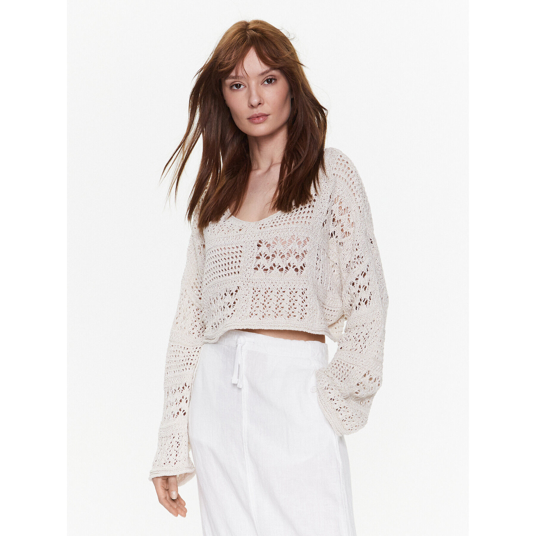 BDG Urban Outfitters Sweater BDG MIX TEXTURE OPEN KNIT 76469063 Bézs Cropped Fit - Pepit.hu