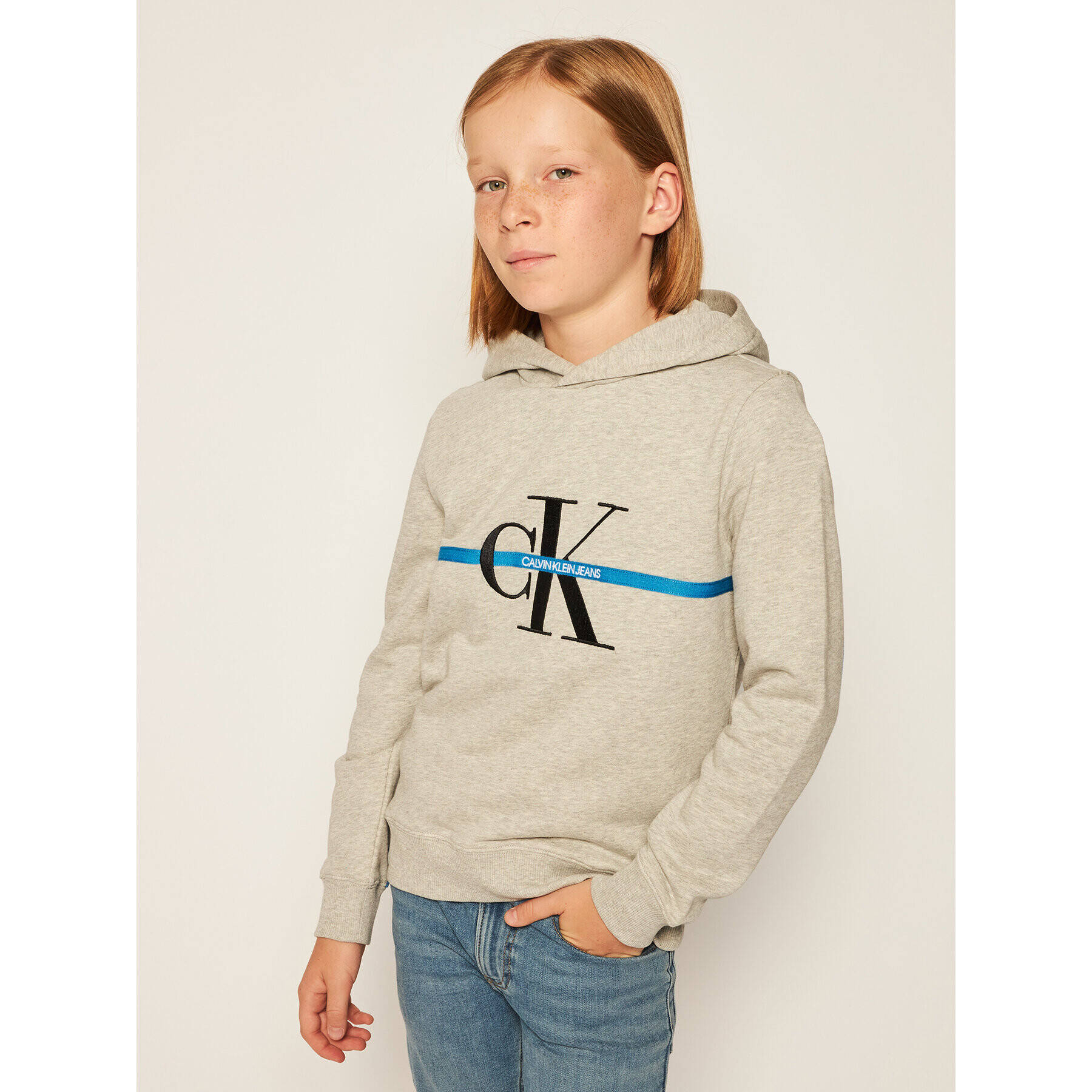 Calvin Klein Jeans Pulóver Monogram Stripe Hoodie IB0IB00465 Szürke Regular Fit - Pepit.hu