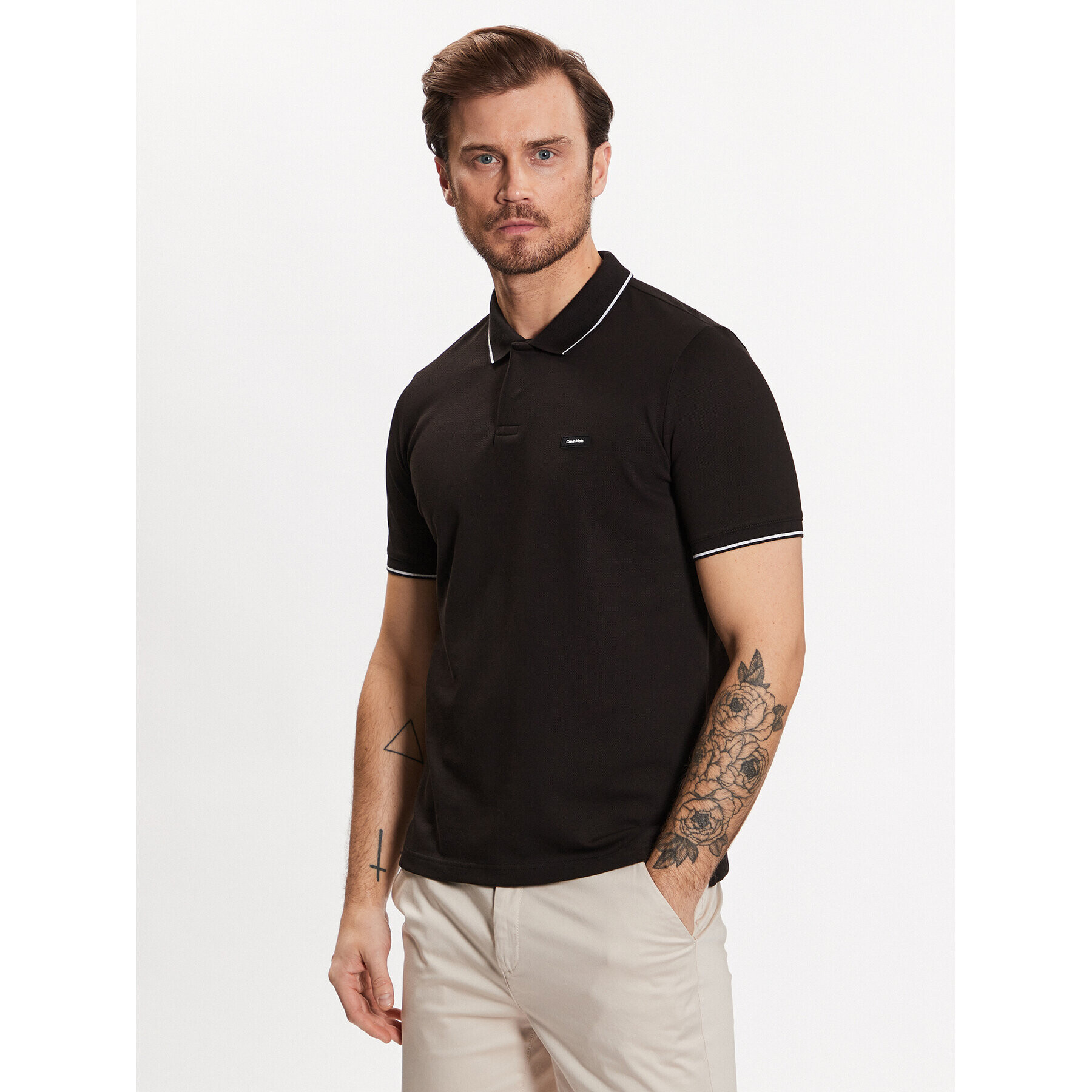 Calvin Klein Pólóing Stretch Pique Tipping K10K110596 Fekete Slim Fit - Pepit.hu