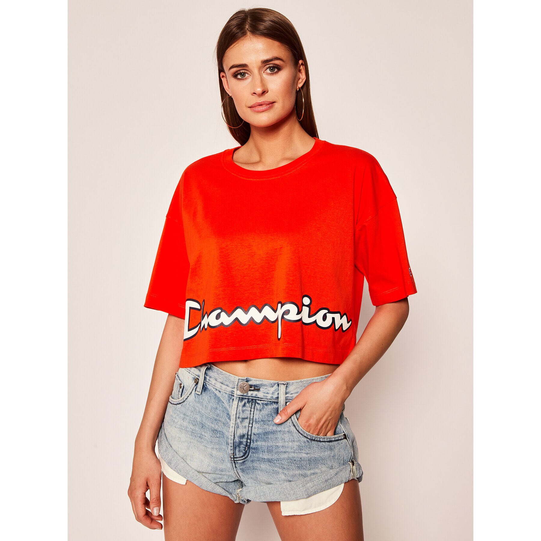 Champion Póló Cropped Script Logo Print Boxy 112655 Narancssárga Regular Fit - Pepit.hu