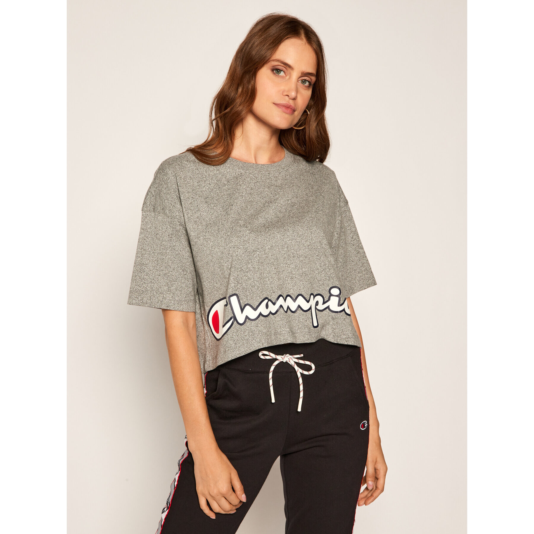 Champion Póló Cropped Script Logo Print Boxy 112655 Szürke Oversize - Pepit.hu