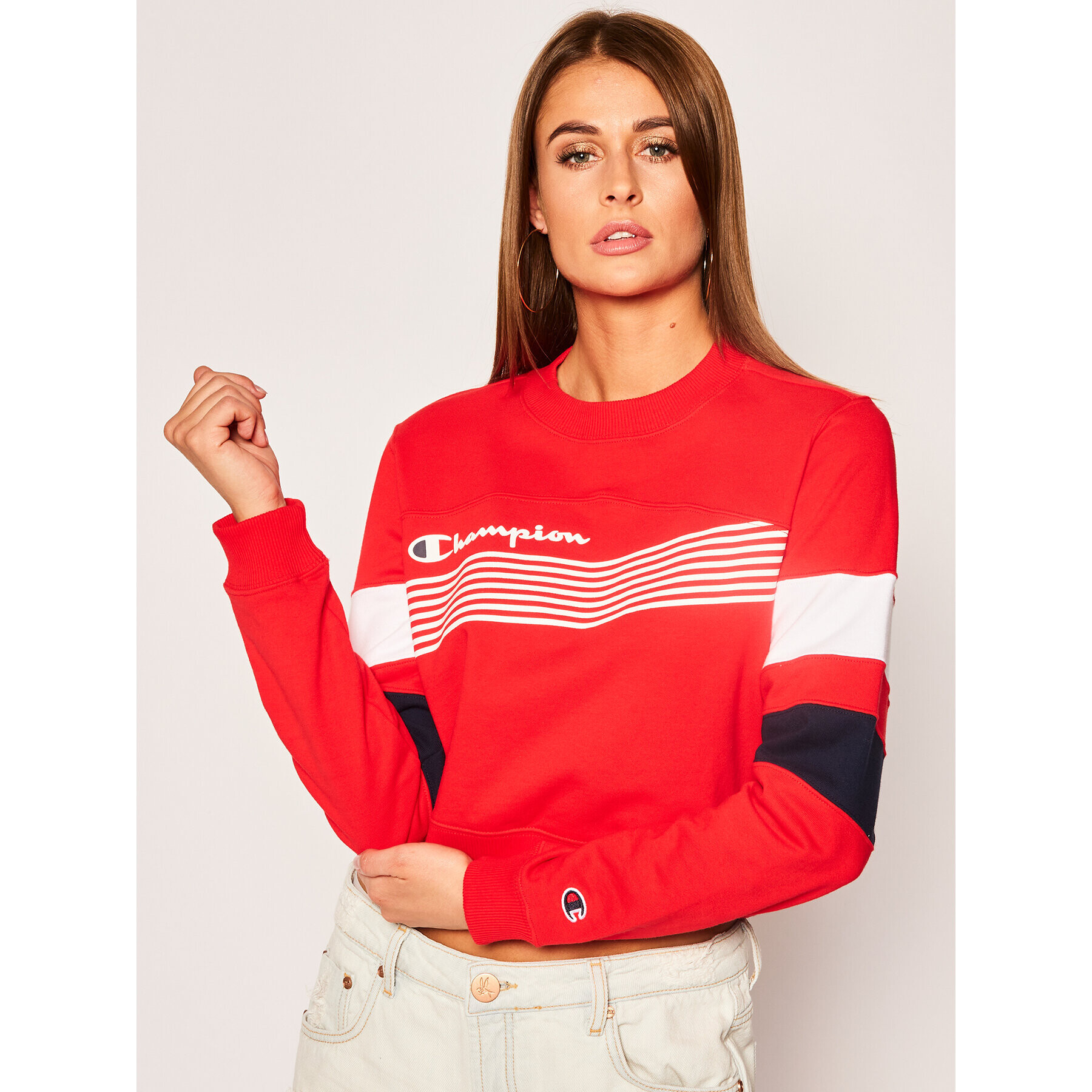 Champion Pulóver Graphic Stripe And Colour Block Cropped 112761 Piros Regular Fit - Pepit.hu