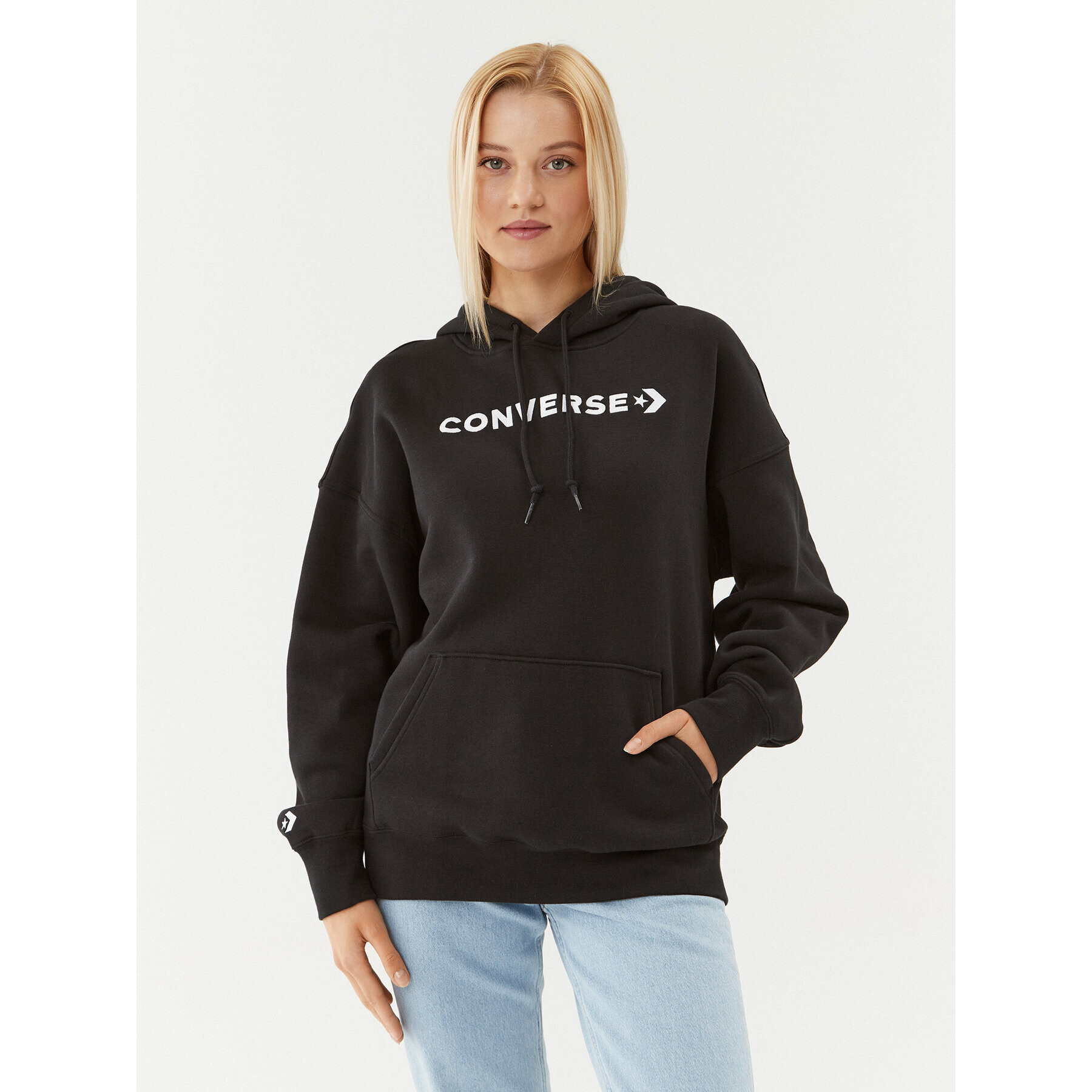 Converse Pulóver Wordmark Fleece Hoodie Emb 10025690-A06 Fekete Regular Fit - Pepit.hu