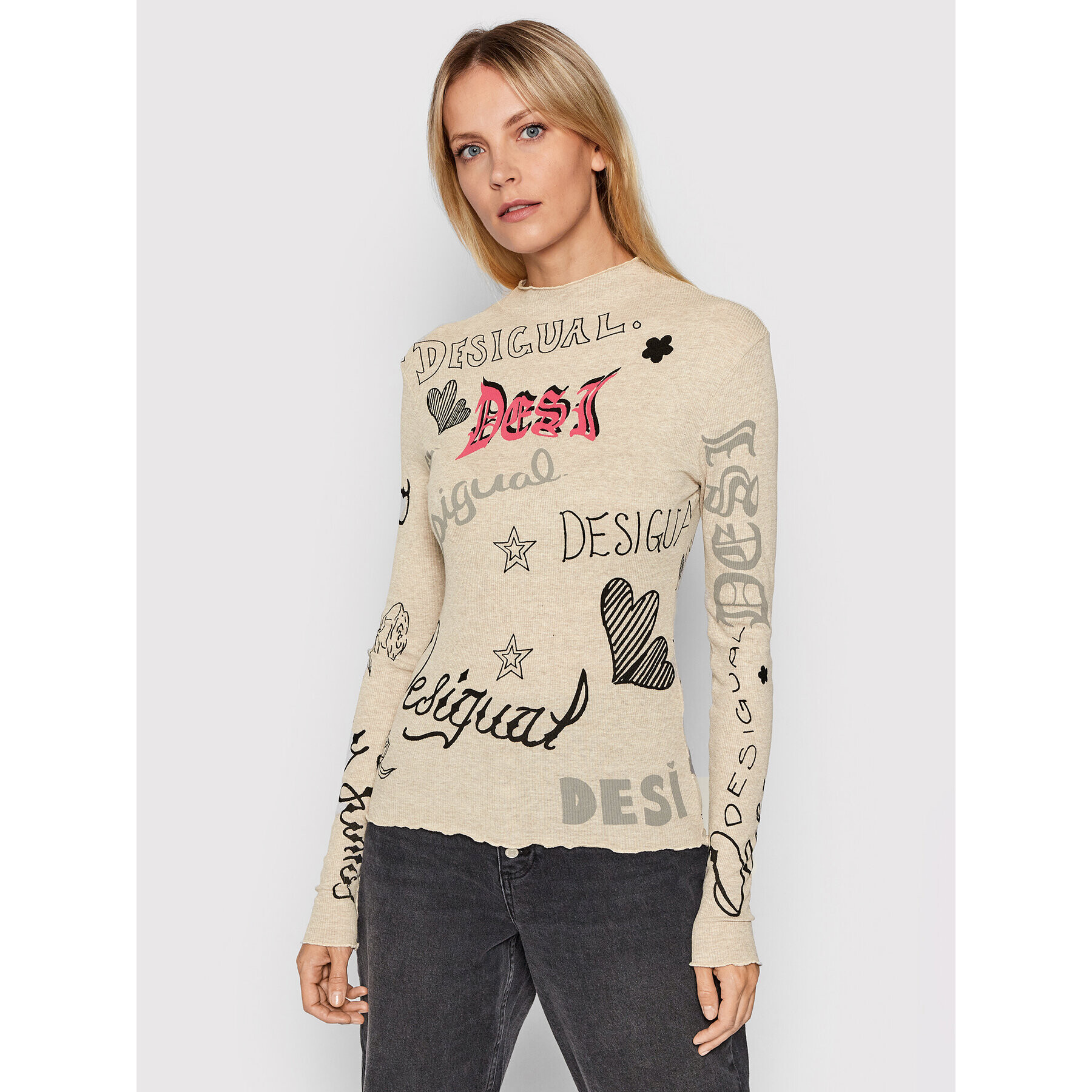 Desigual Blúz Lettering 21WWTKDR Bézs Slim Fit - Pepit.hu