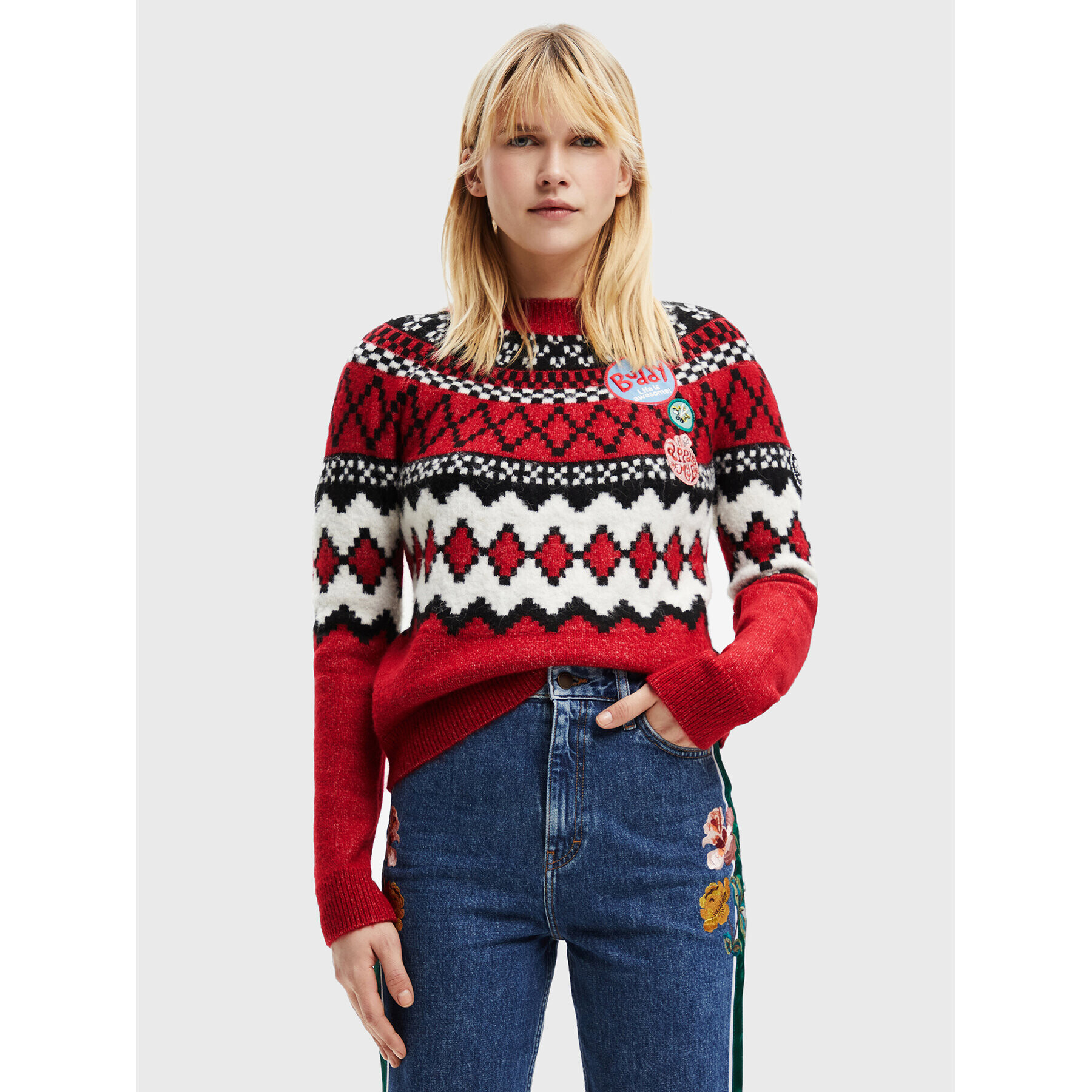 Desigual Sweater Buddy 22WWJFAN Piros Relaxed Fit - Pepit.hu