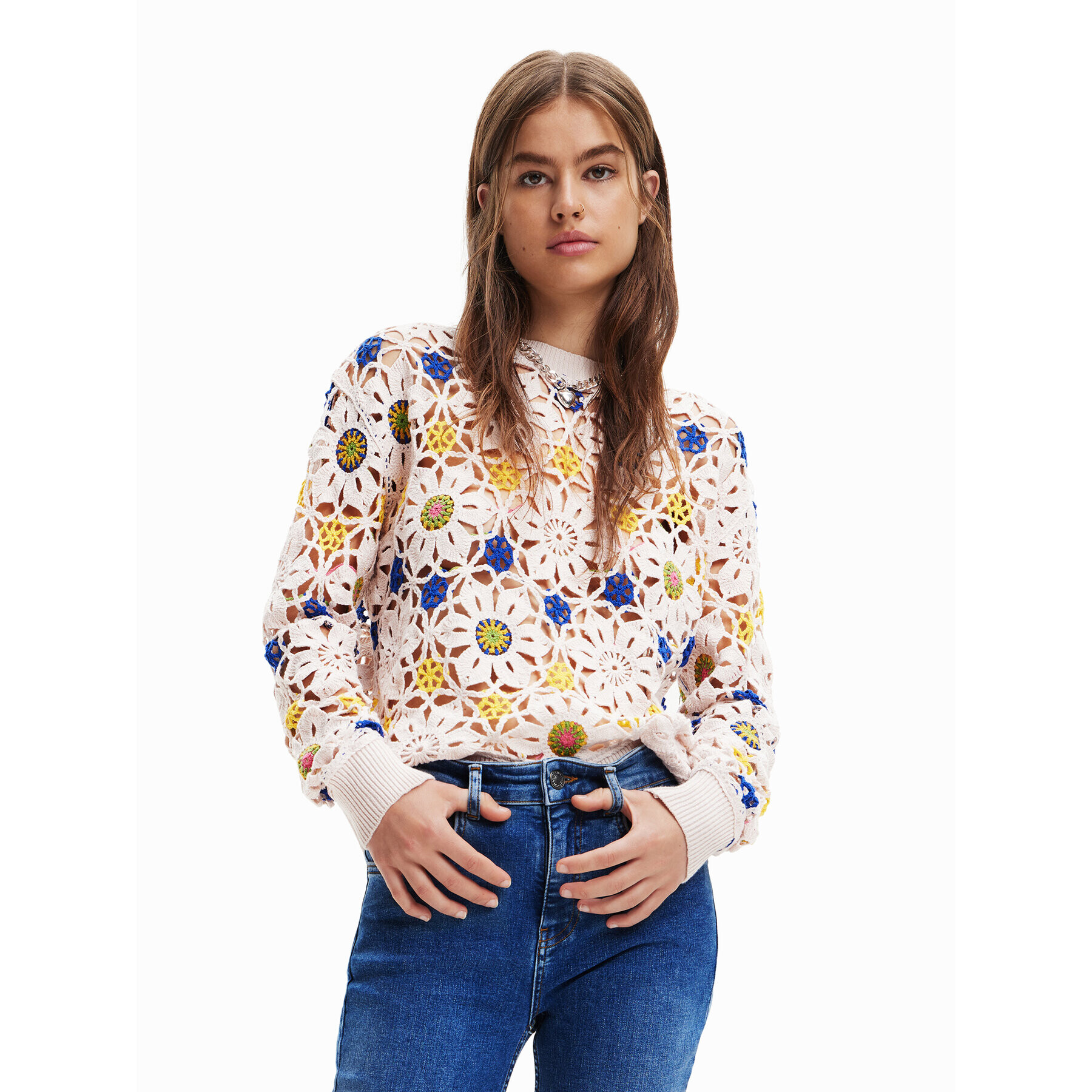 Desigual Sweater Daisies 23SWJF03 Bézs Regular Fit - Pepit.hu