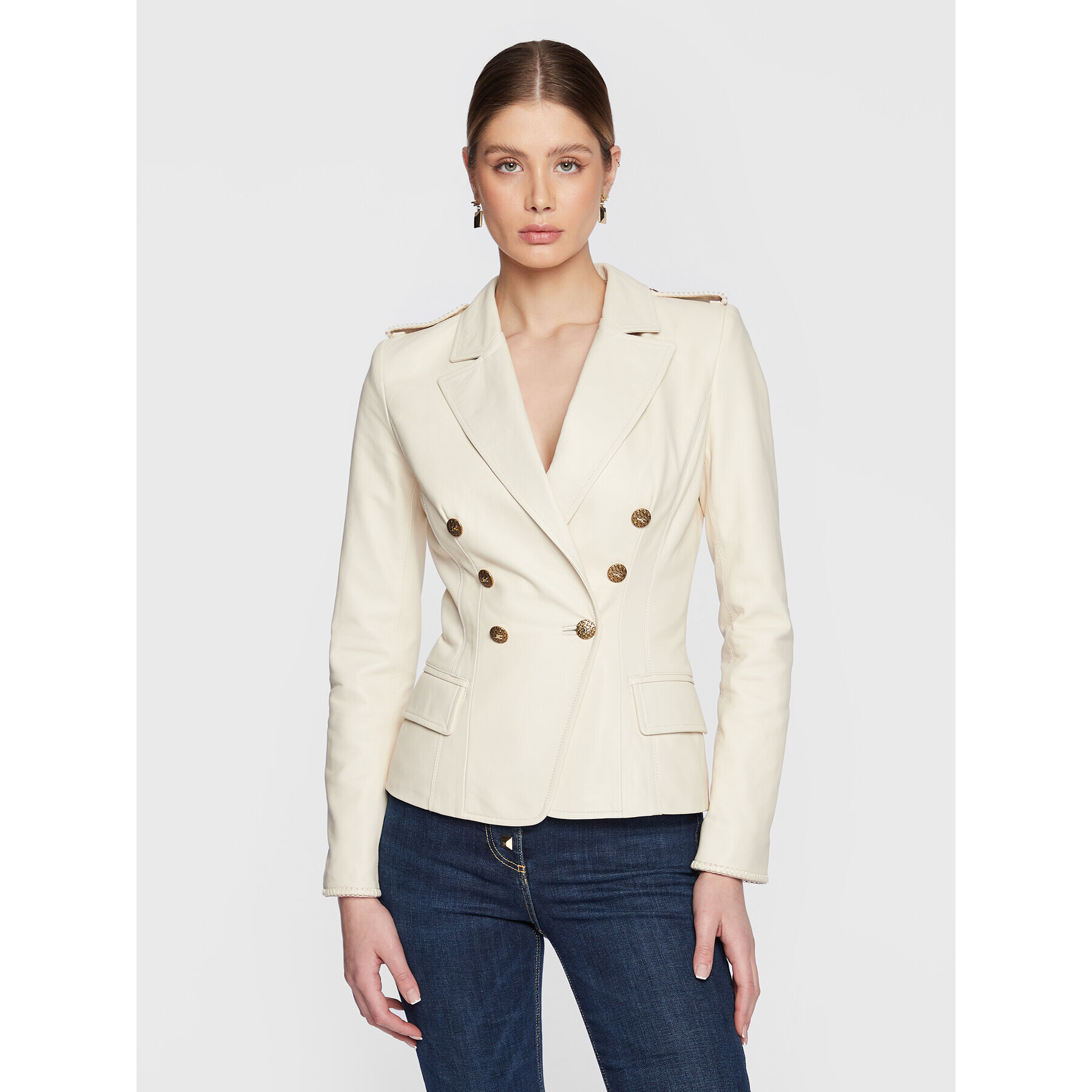 Elisabetta Franchi Bőrkabát GD-28Z-31E2-V960 Ekru Slim Fit - Pepit.hu