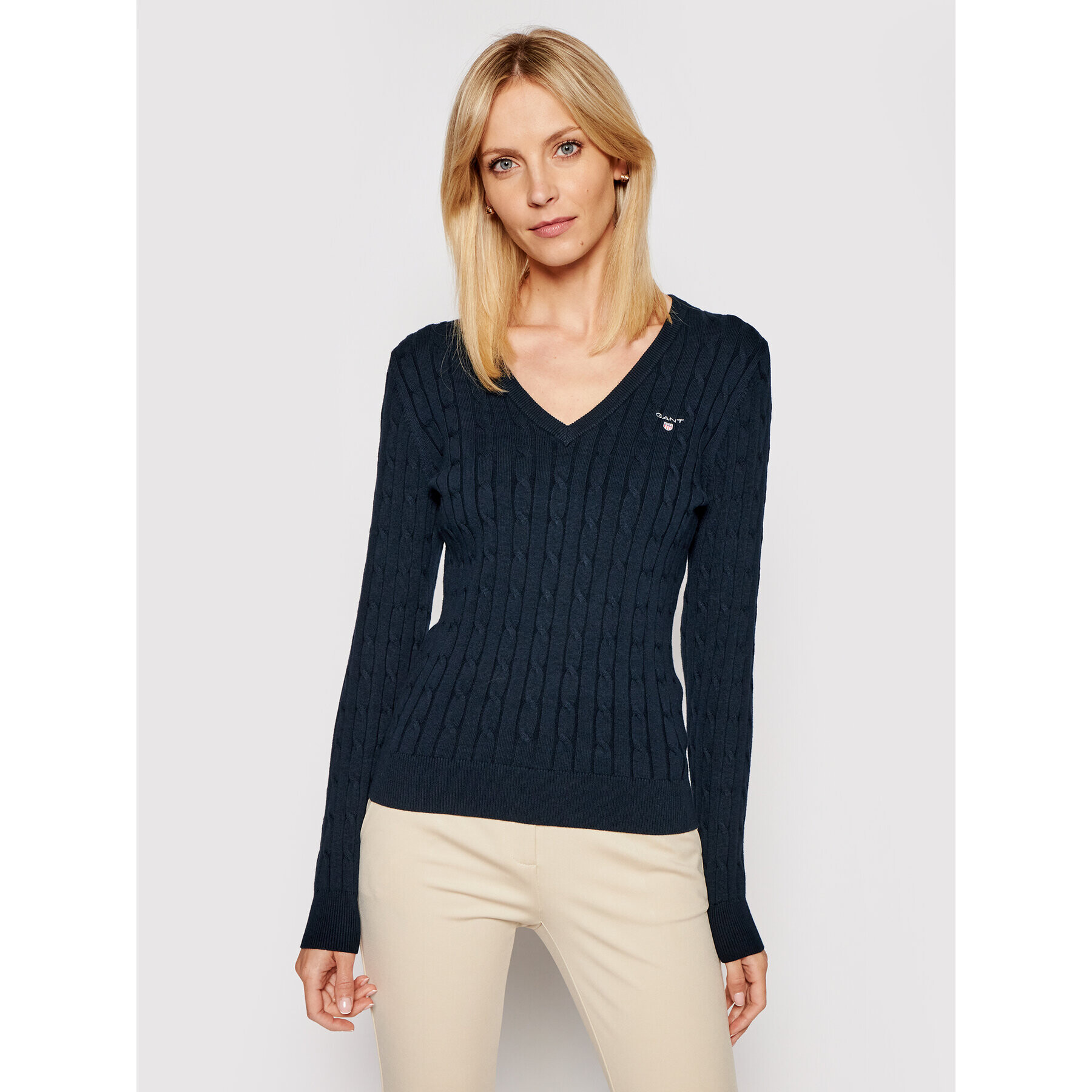 Gant Sweater Stretch Cable 480022 Sötétkék Slim Fit - Pepit.hu