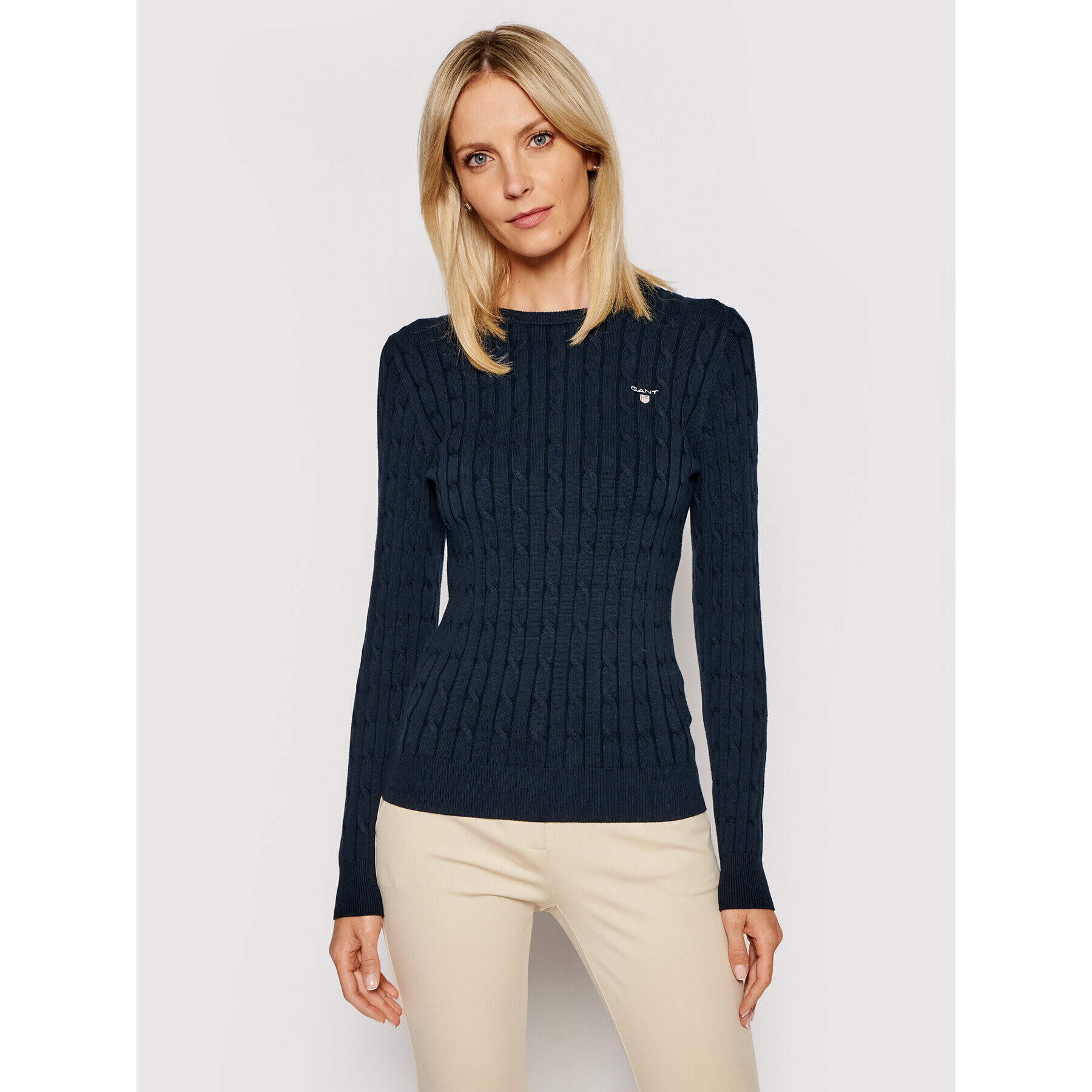 Gant Sweater Stretch Cable Crew 480021 Sötétkék Slim Fit - Pepit.hu