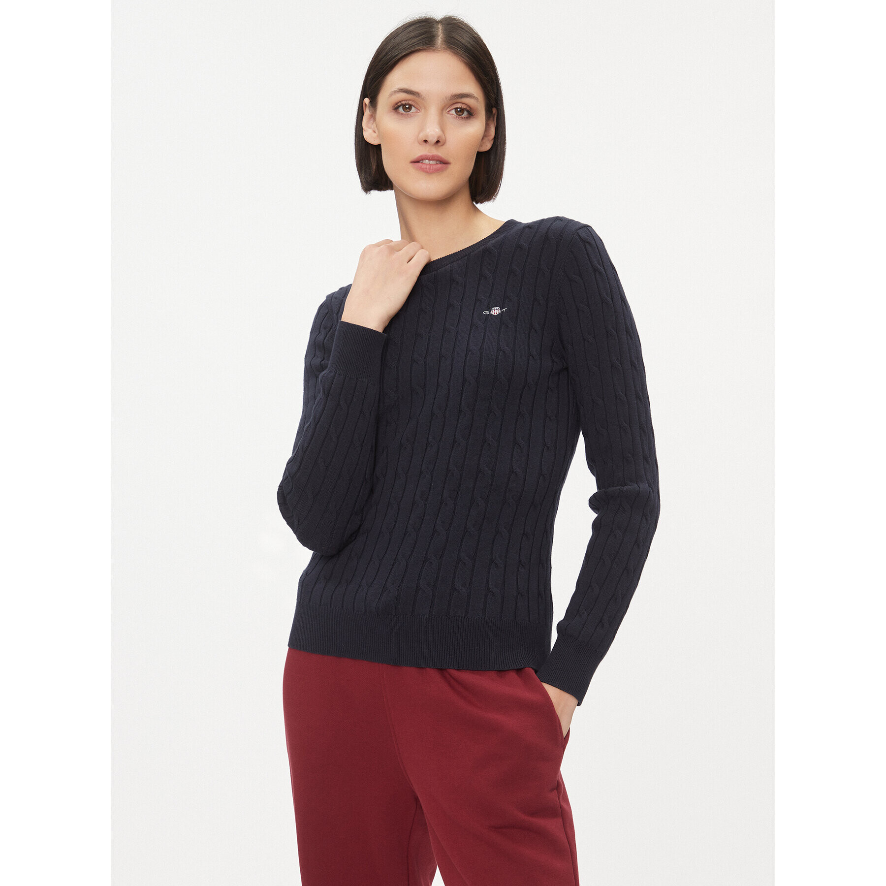 Gant Sweater Stretch Cotton Cable C-Neck 4800100 Sötétkék Slim Fit - Pepit.hu