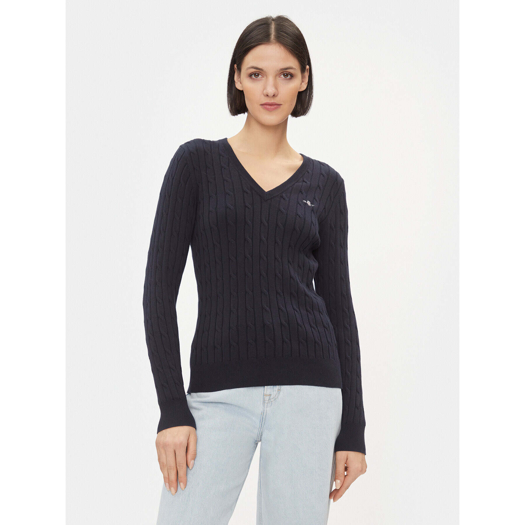 Gant Sweater Stretch Cotton Cable V-Neck 4800101 Sötétkék Slim Fit - Pepit.hu