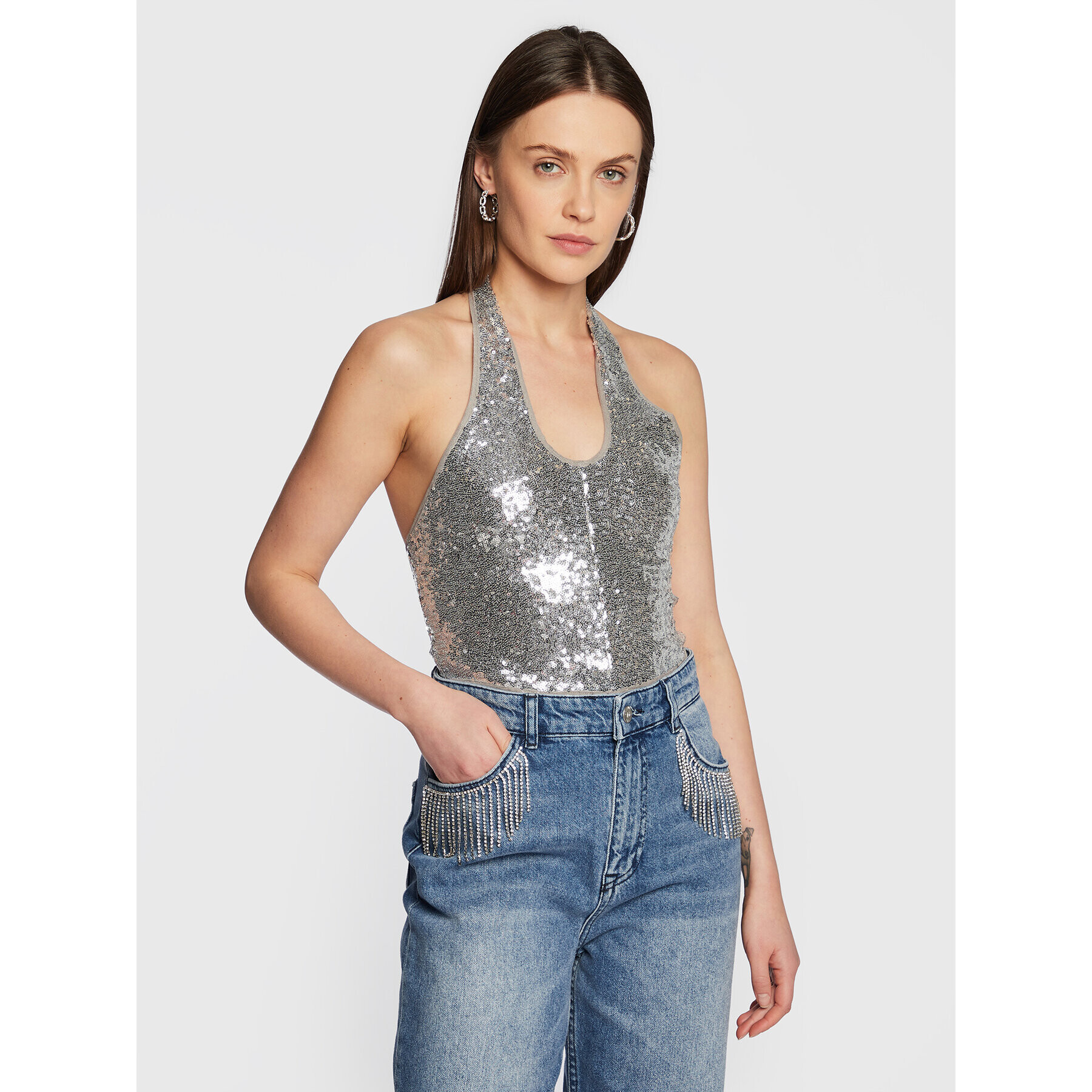 Gina Tricot Felső Tyra Sequin 18564 Ezüst Regular Fit - Pepit.hu