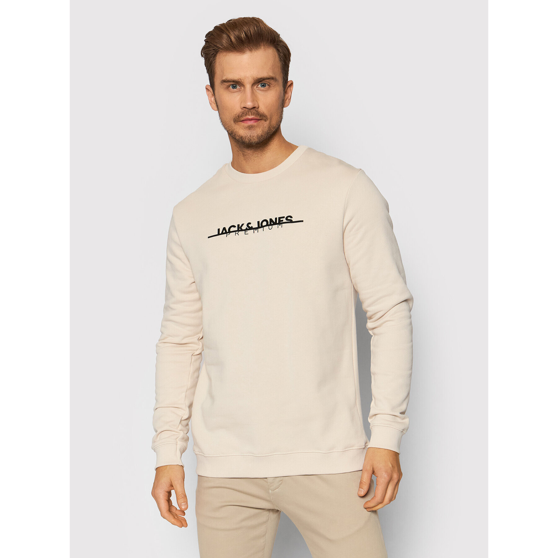 Jack&Jones PREMIUM Pulóver Logo 12197602 Bézs Regular Fit - Pepit.hu