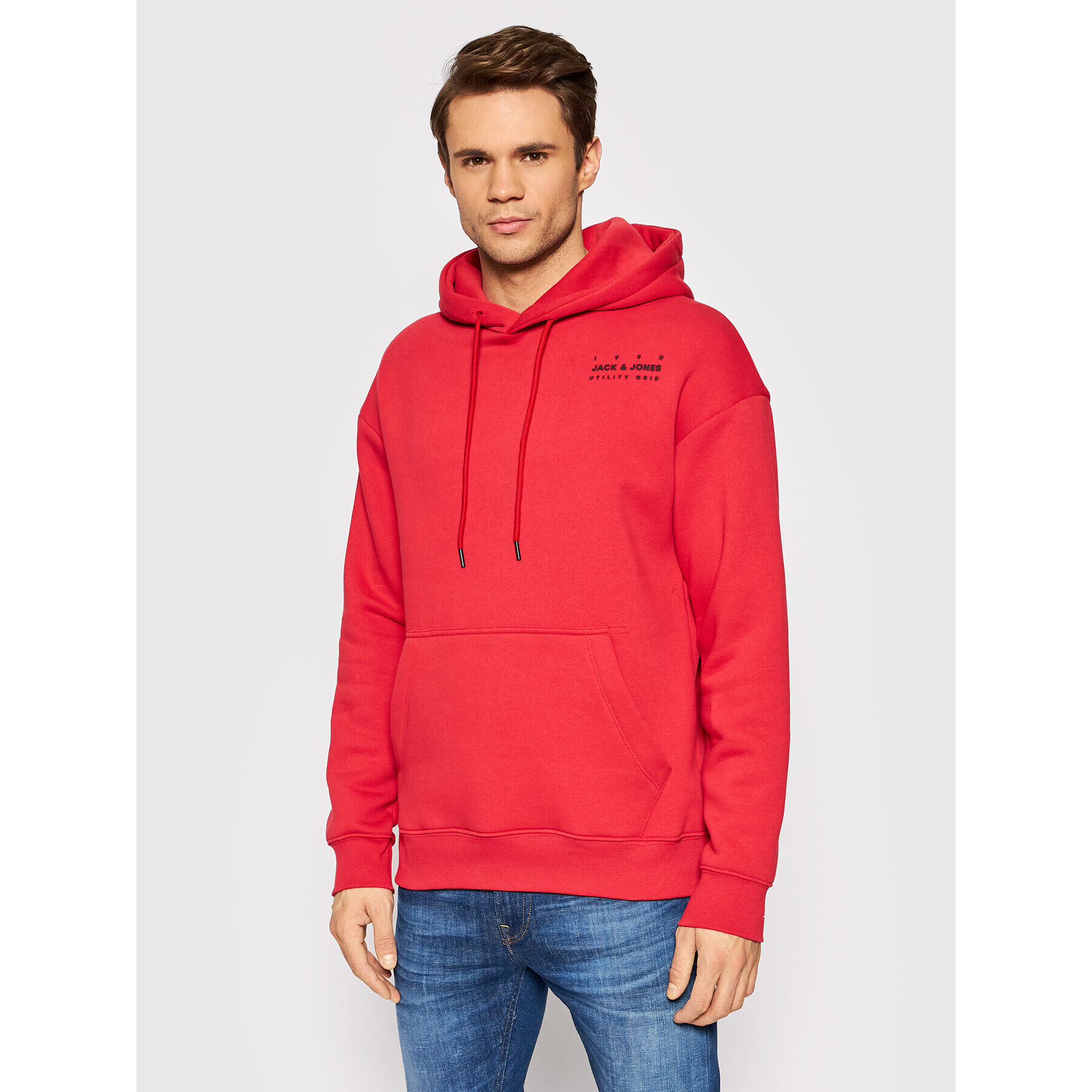 Jack&Jones Pulóver Grid Sweat 12198137 Piros Relaxed Fit - Pepit.hu