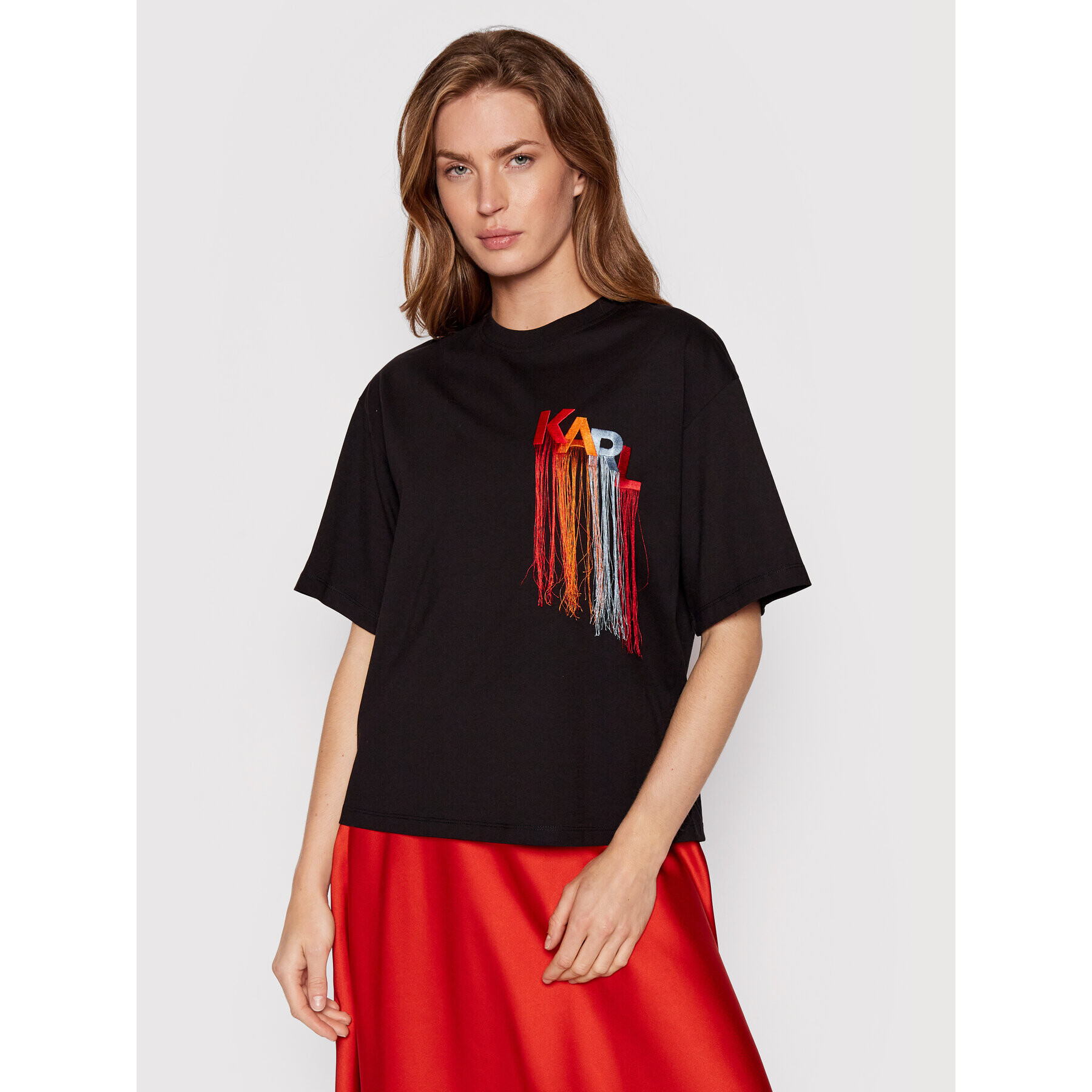 KARL LAGERFELD Póló Fringe Logo 221W1707 Fekete Relaxed Fit - Pepit.hu