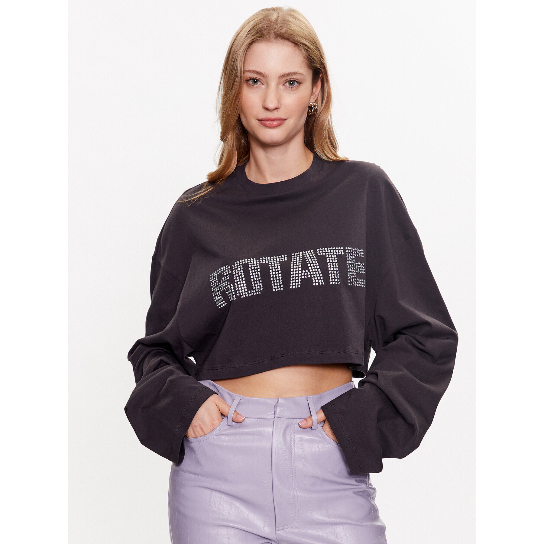 ROTATE Blúz Rhinestone Tyra 7003211959 Szürke Cropped Fit - Pepit.hu