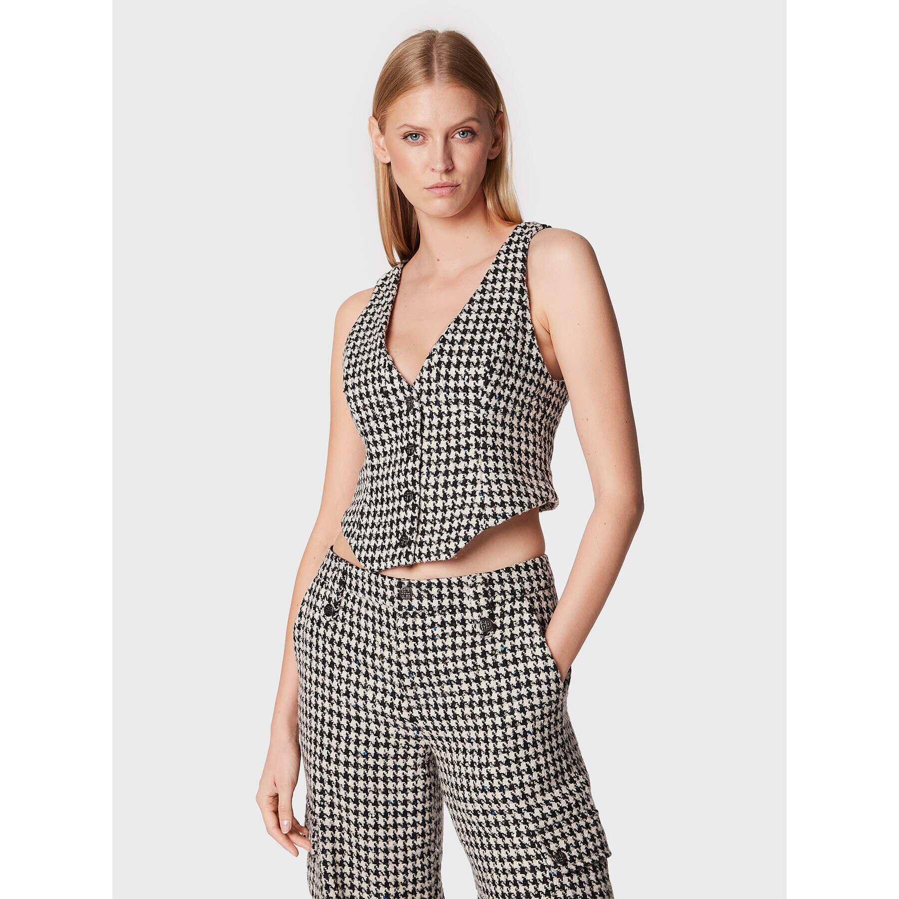 ROTATE Mellény Sparkly Houndstooth RT1903 Fehér Slim Fit - Pepit.hu