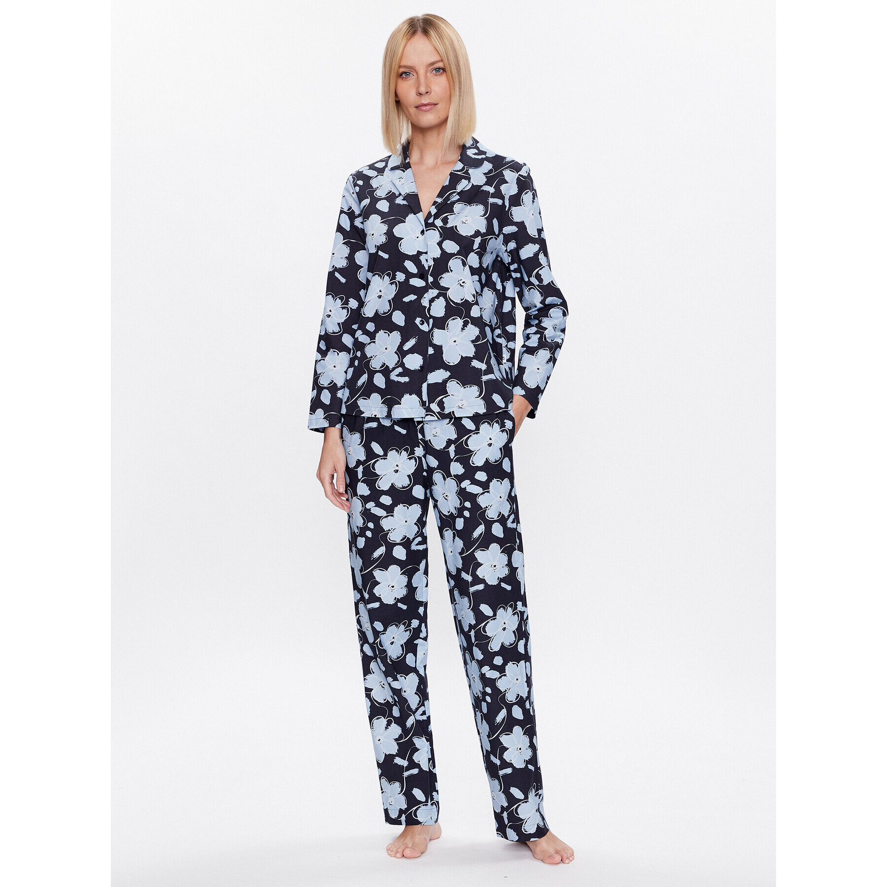 Seidensticker Pizsama Classic Pajama Set Flowers Sötétkék Straight Fit - Pepit.hu