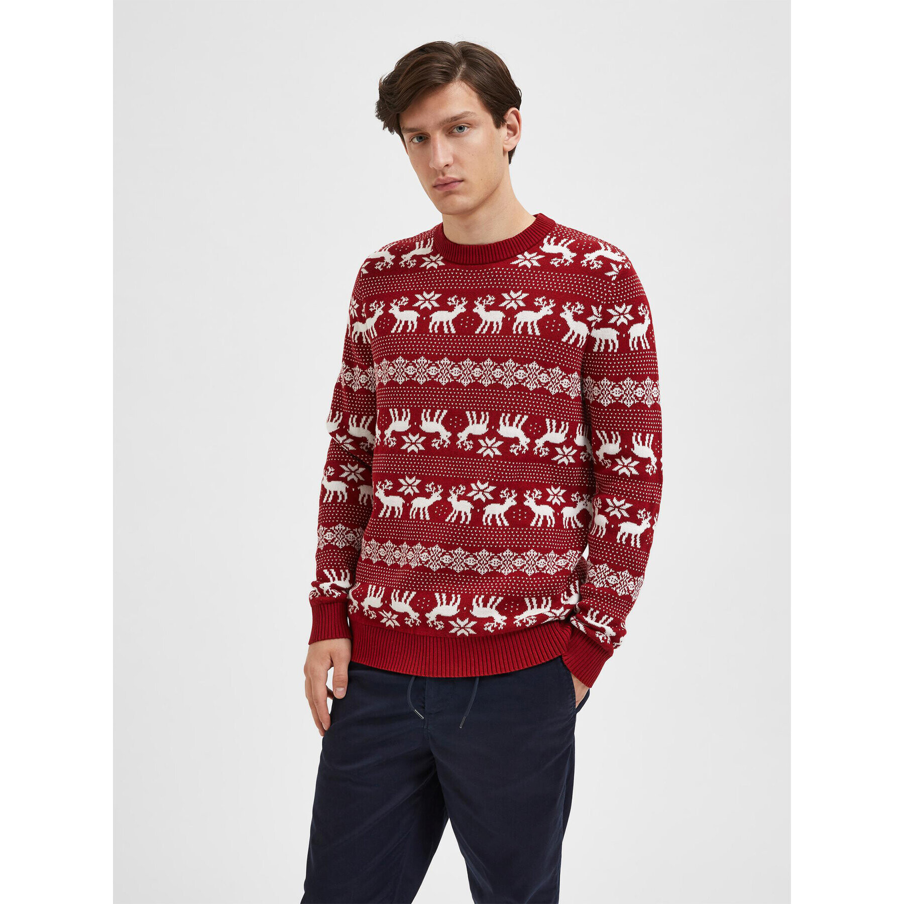 Selected Homme Sweater Deer 16086719 Piros Regular Fit - Pepit.hu