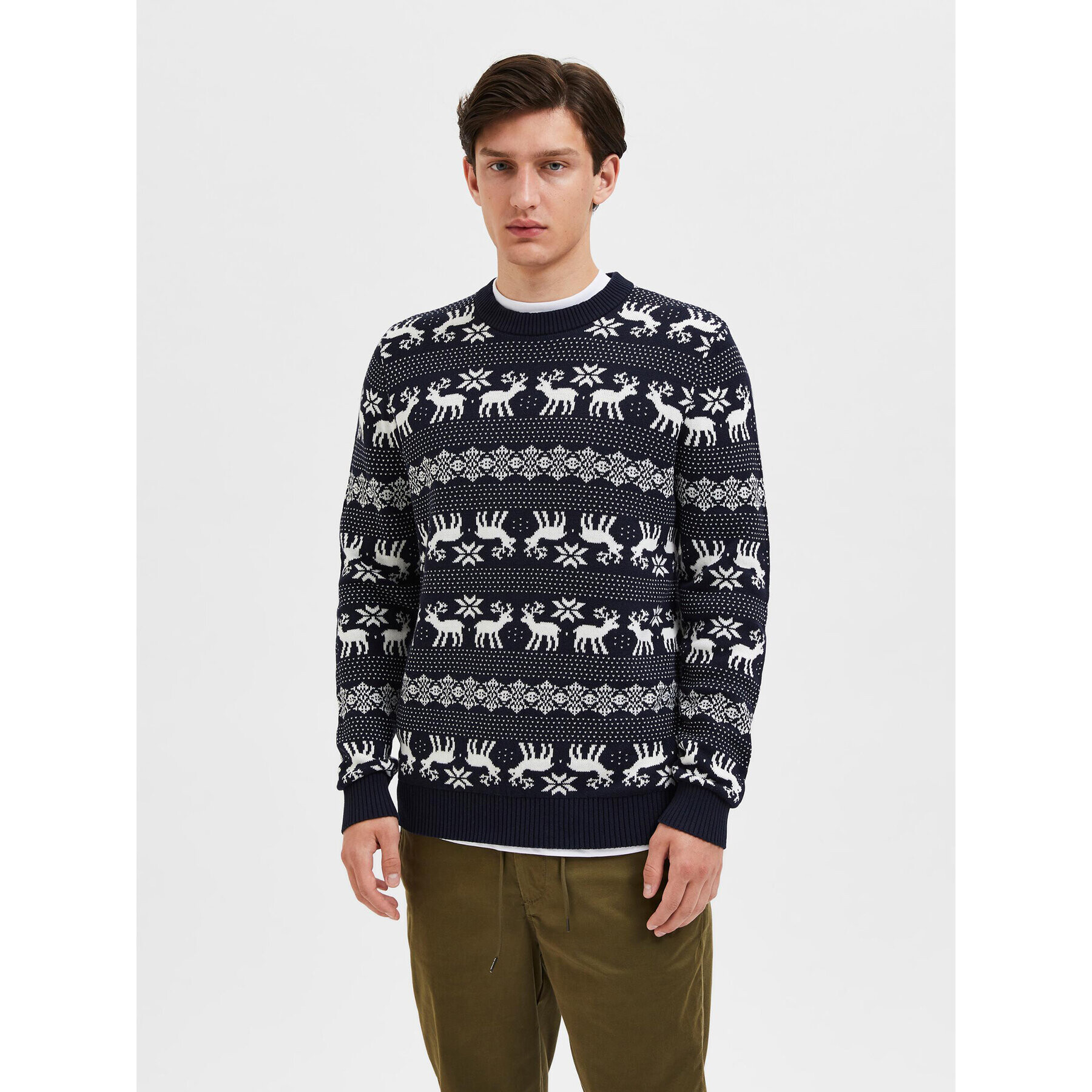 Selected Homme Sweater Deer 16086719 Sötétkék Regular Fit - Pepit.hu