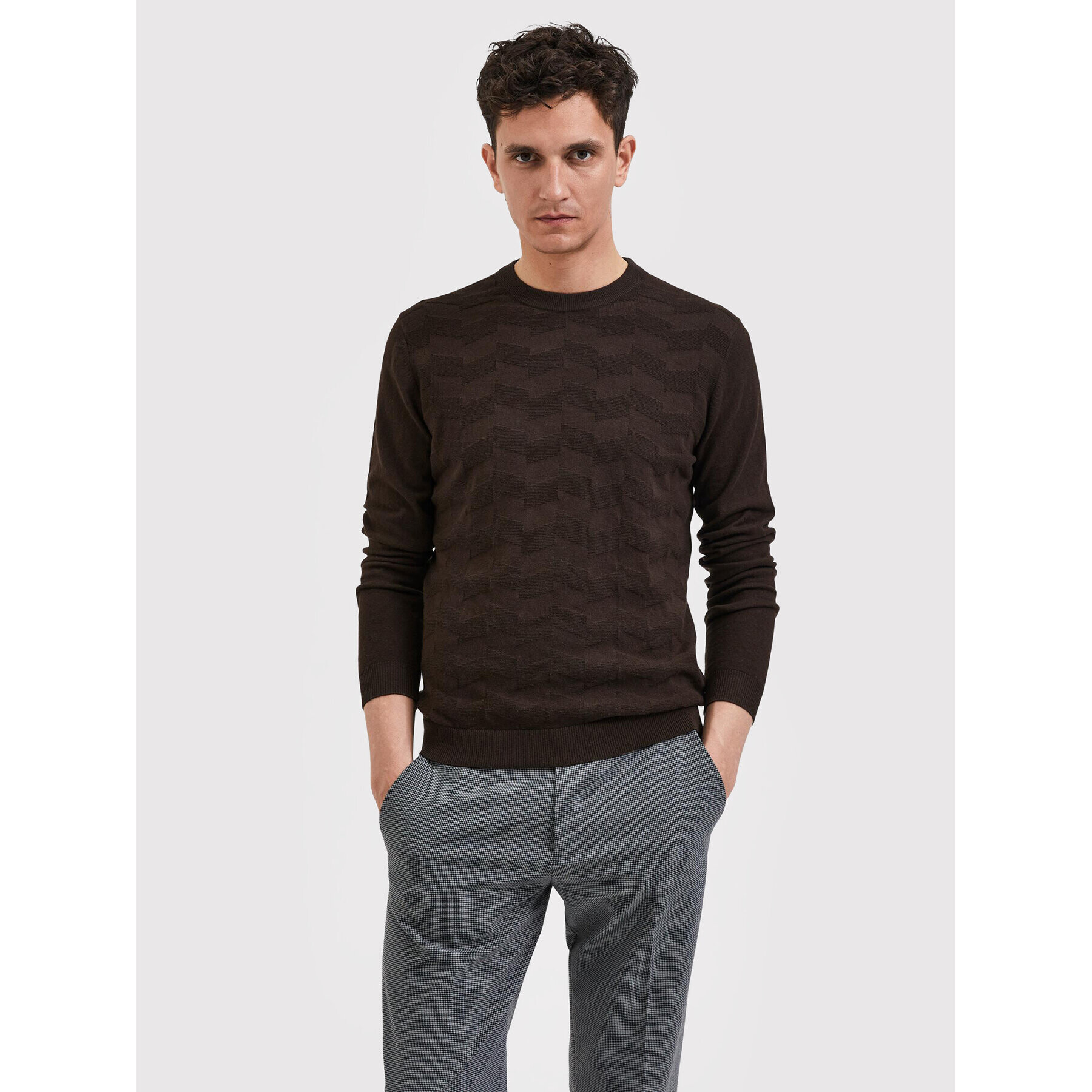 Selected Homme Sweater Romen 16085294 Barna Regular Fit - Pepit.hu