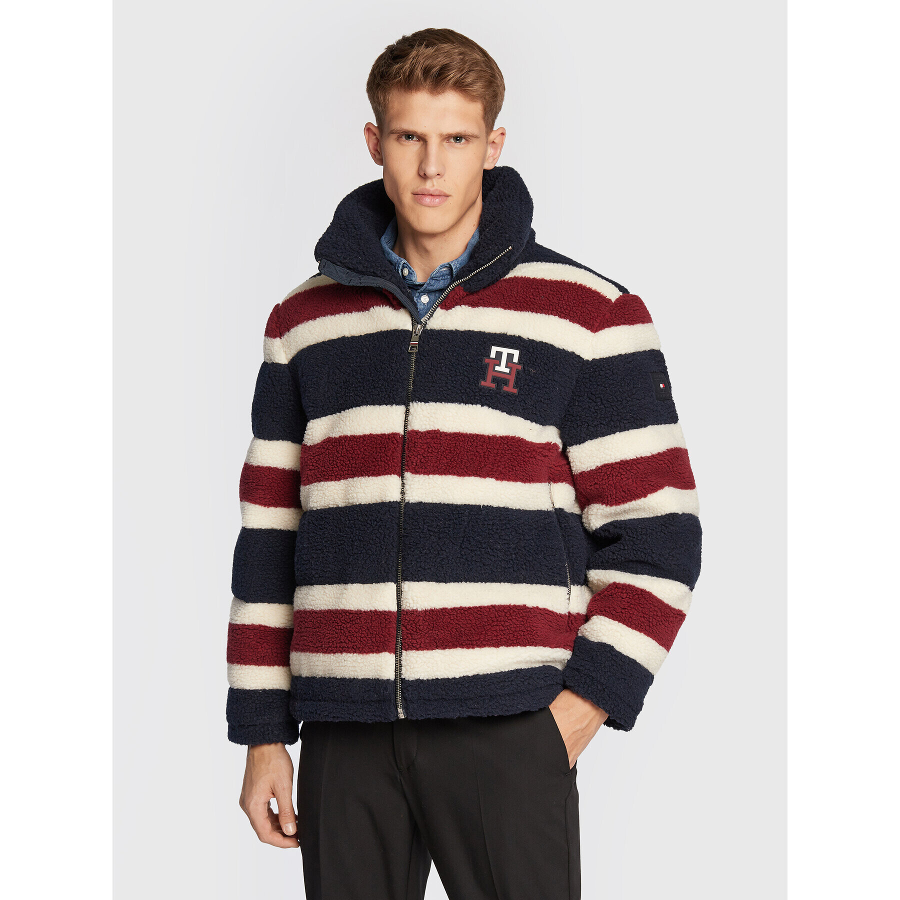 Tommy Hilfiger Báránybőr kabát Stripe Teddy MW0MW28720 Sötétkék Oversize - Pepit.hu