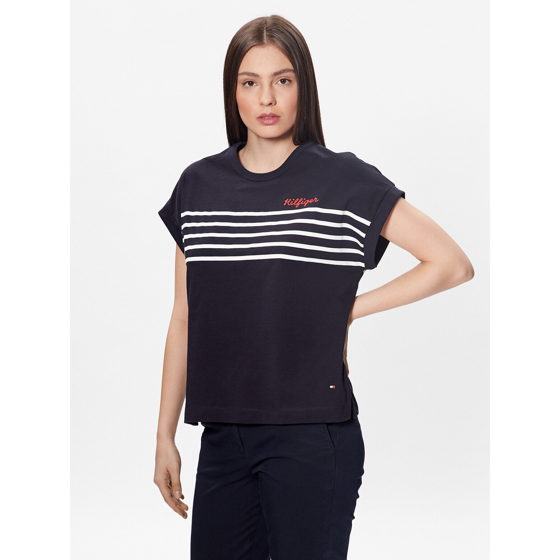 Tommy Hilfiger Blúz Stripe WW0WW37881 Sötétkék Relaxed Fit - Pepit.hu