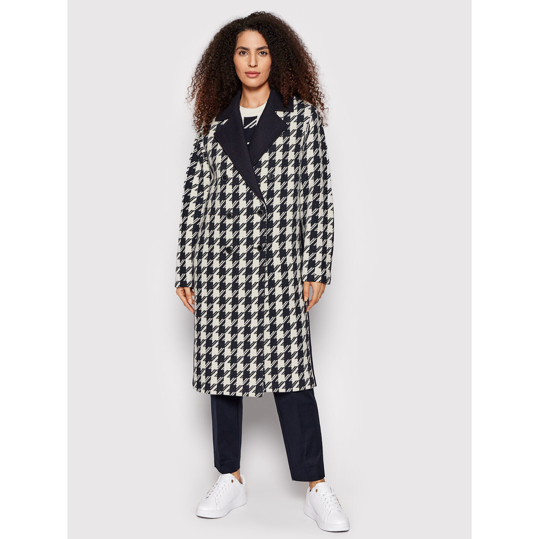 Tommy Hilfiger Gyapjú kabát Blend Houndstooth WW0WW32577 Sötétkék Relaxed Fit - Pepit.hu