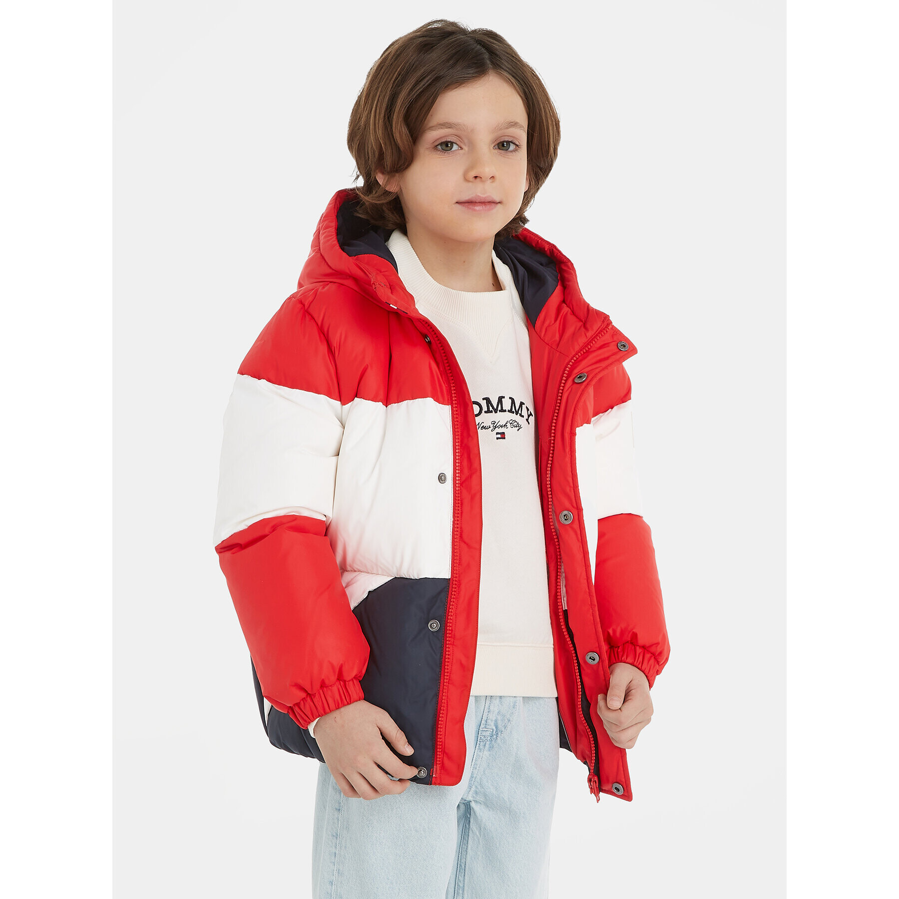 Tommy Hilfiger Pehelykabát Essential Colorblock KB0KB08559 M Piros Regular Fit - Pepit.hu