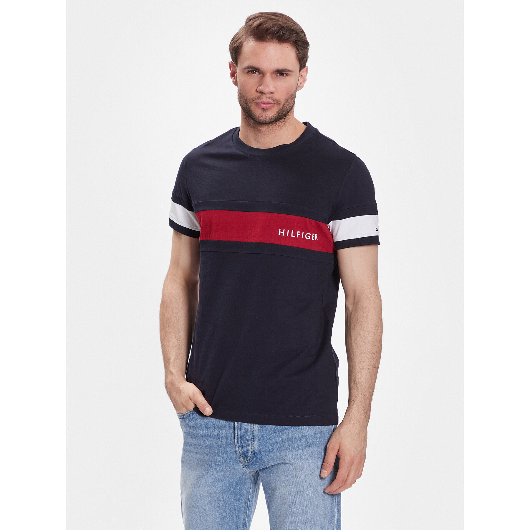 Tommy Hilfiger Póló Colorblock Placement MW0MW29282 Sötétkék Slim Fit - Pepit.hu