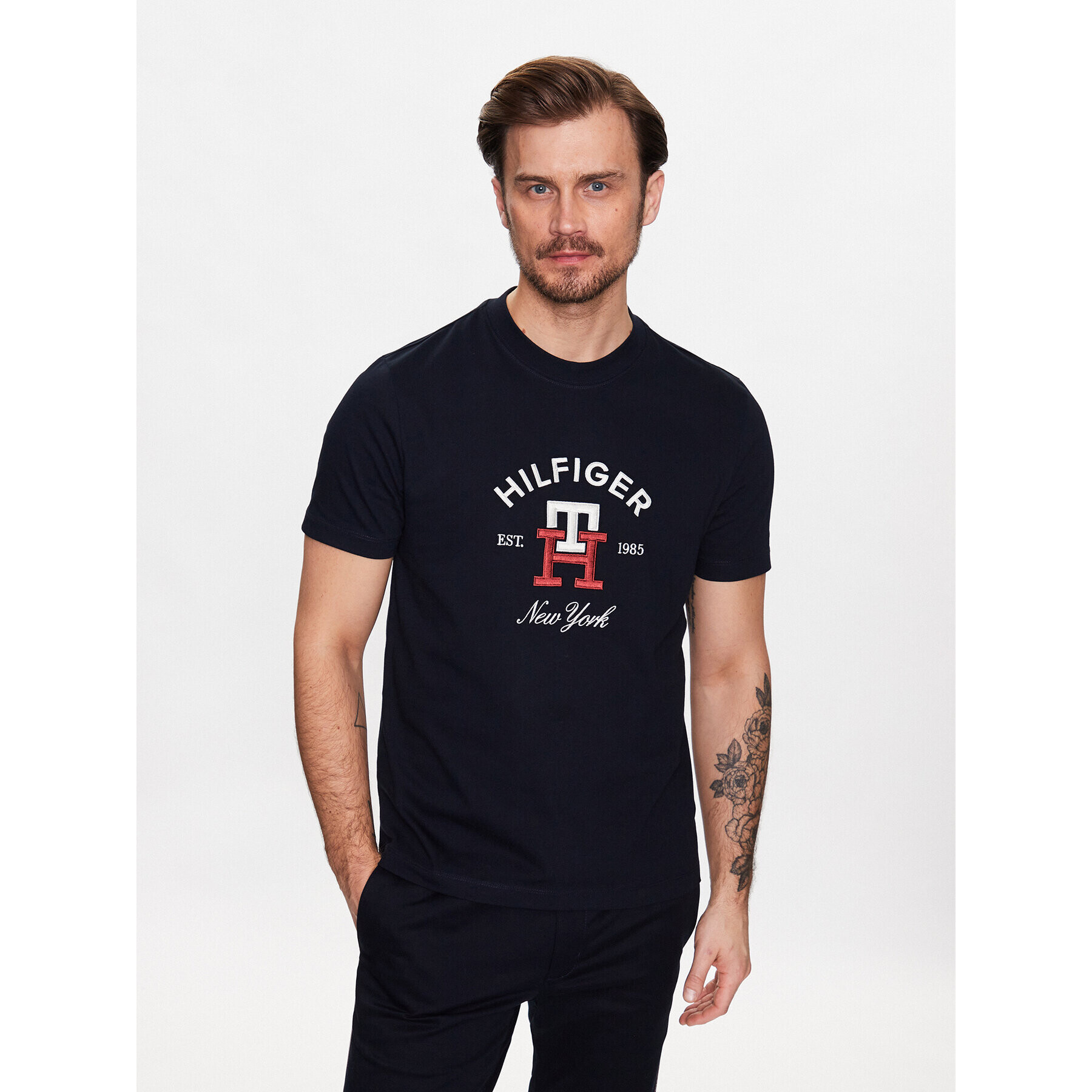 Tommy Hilfiger Póló Curved Monogram MW0MW30043 Sötétkék Regular Fit - Pepit.hu