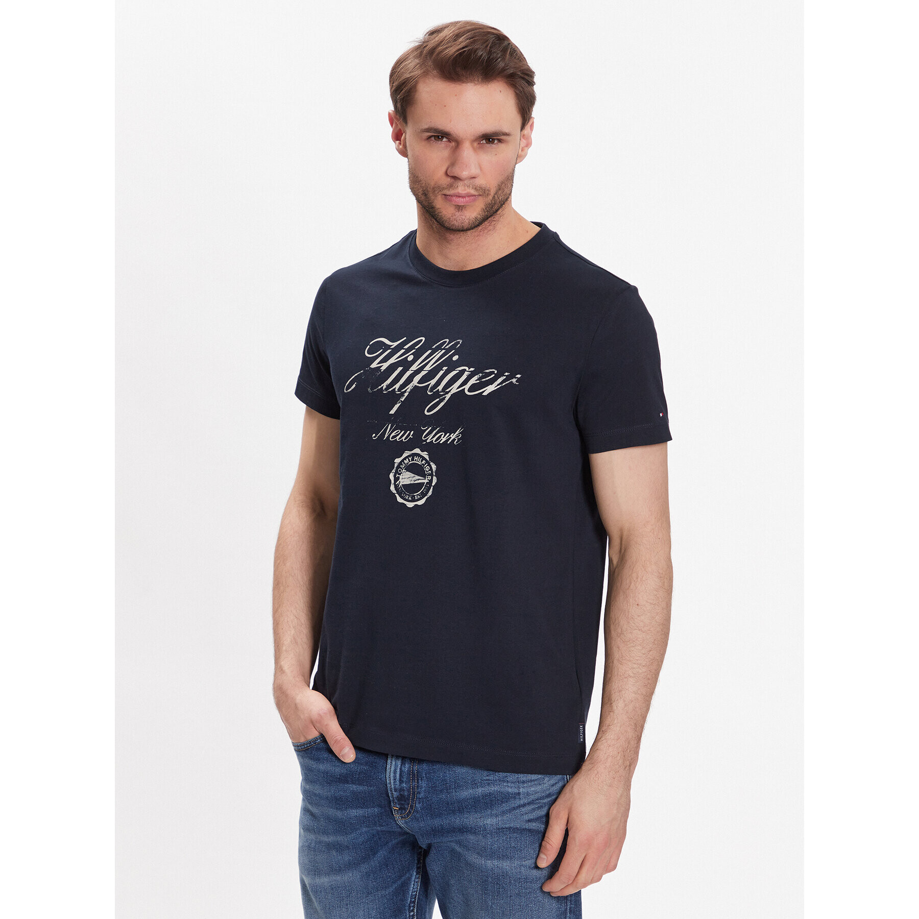 Tommy Hilfiger Póló Faded Script Print MW0MW30040 Sötétkék Slim Fit - Pepit.hu