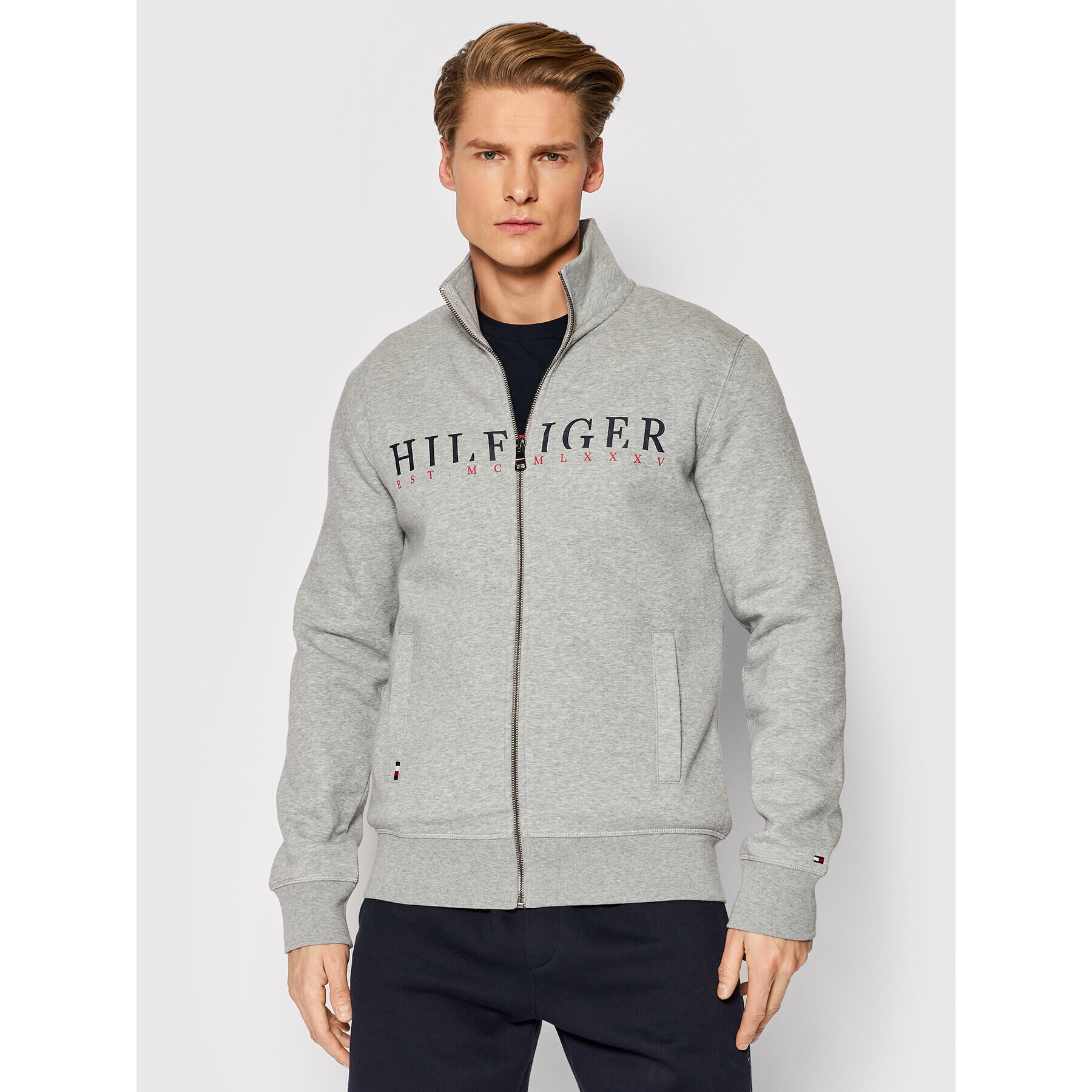 Tommy Hilfiger Pulóver Logo Zip Through MW0MW22147 Szürke Regular Fit - Pepit.hu