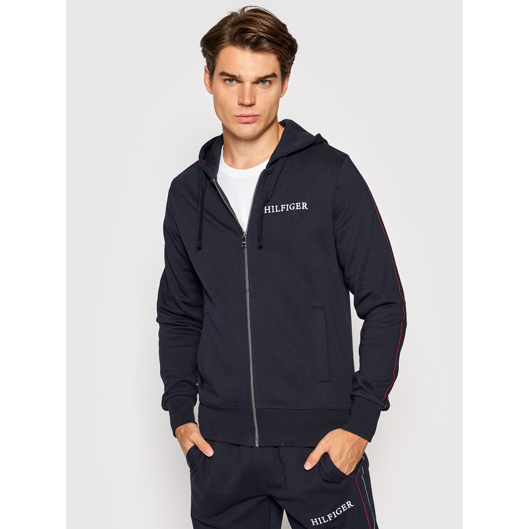 Tommy Hilfiger Pulóver Taped Zip Thru MW0MW18723 Sötétkék Regular Fit - Pepit.hu