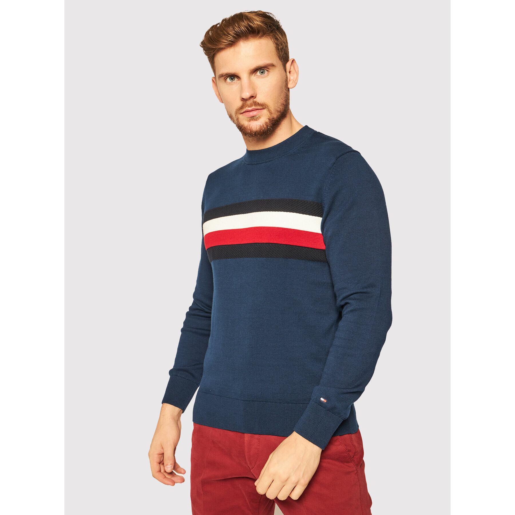 Tommy Hilfiger Sweater Signature Colour Blocked MW0MW15439 Sötétkék Regular Fit - Pepit.hu