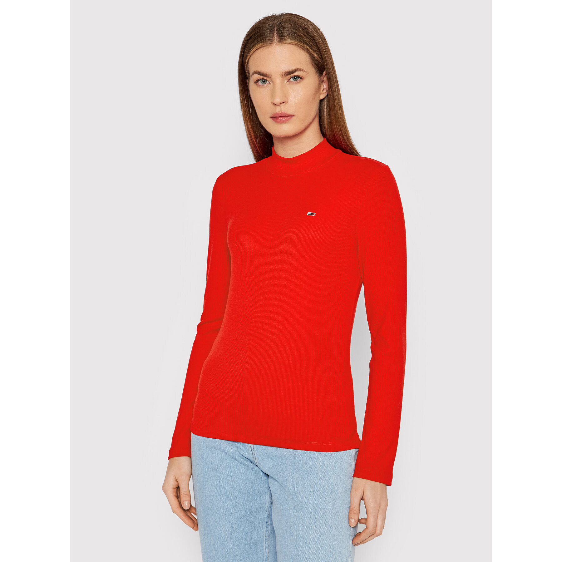 Tommy Jeans Blúz Rib Mock Neck DW0DW12014 Piros Slim Fit - Pepit.hu