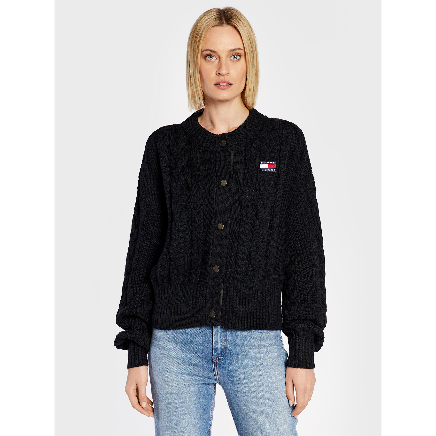 Tommy Jeans Kardigán Badge Cable DW0DW14263 Fekete Oversize - Pepit.hu