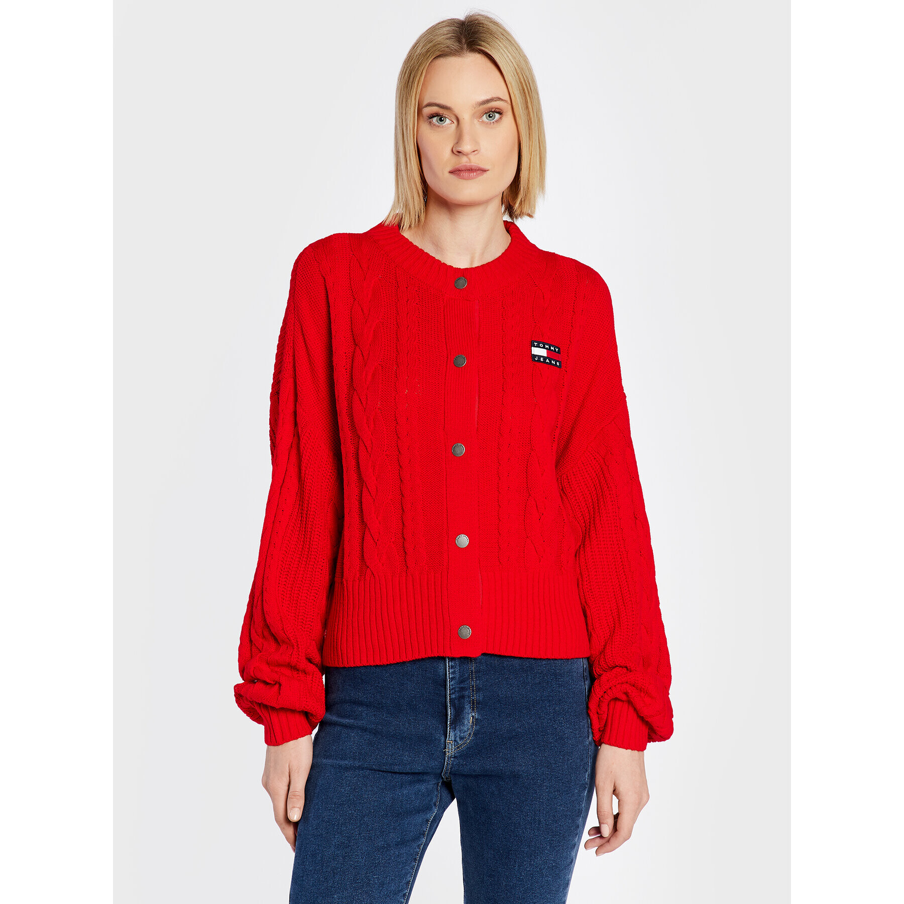 Tommy Jeans Kardigán Badge Cable DW0DW14263 Piros Oversize - Pepit.hu