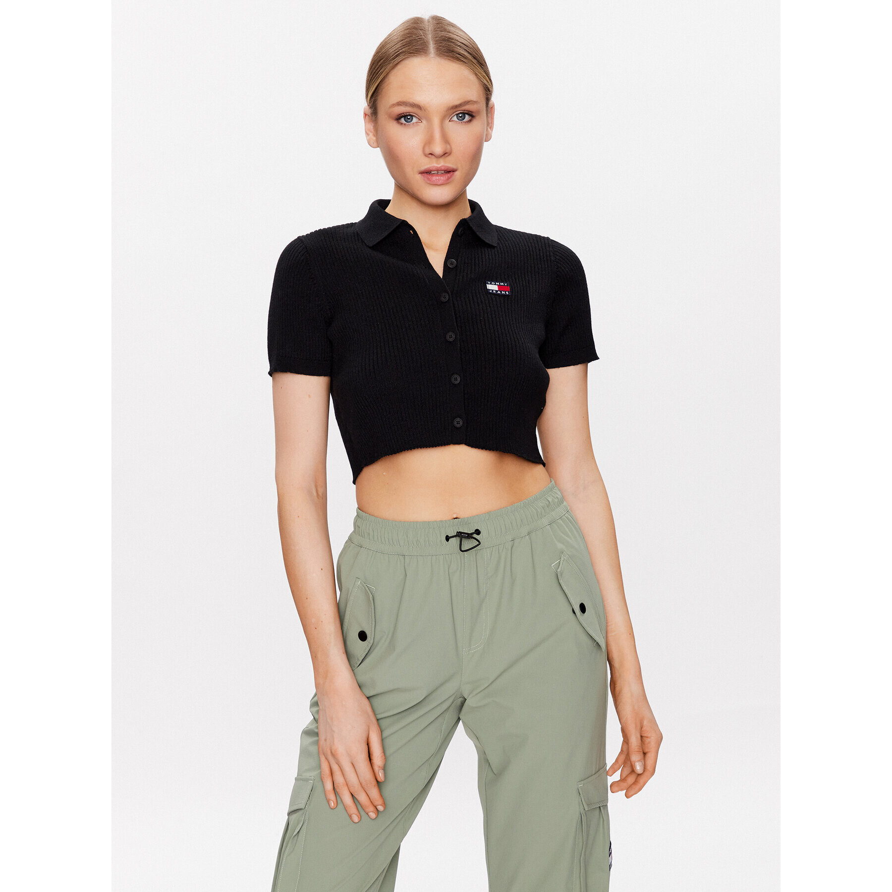 Tommy Jeans Kardigán Button Thru DW0DW15395 Fekete Cropped Fit - Pepit.hu