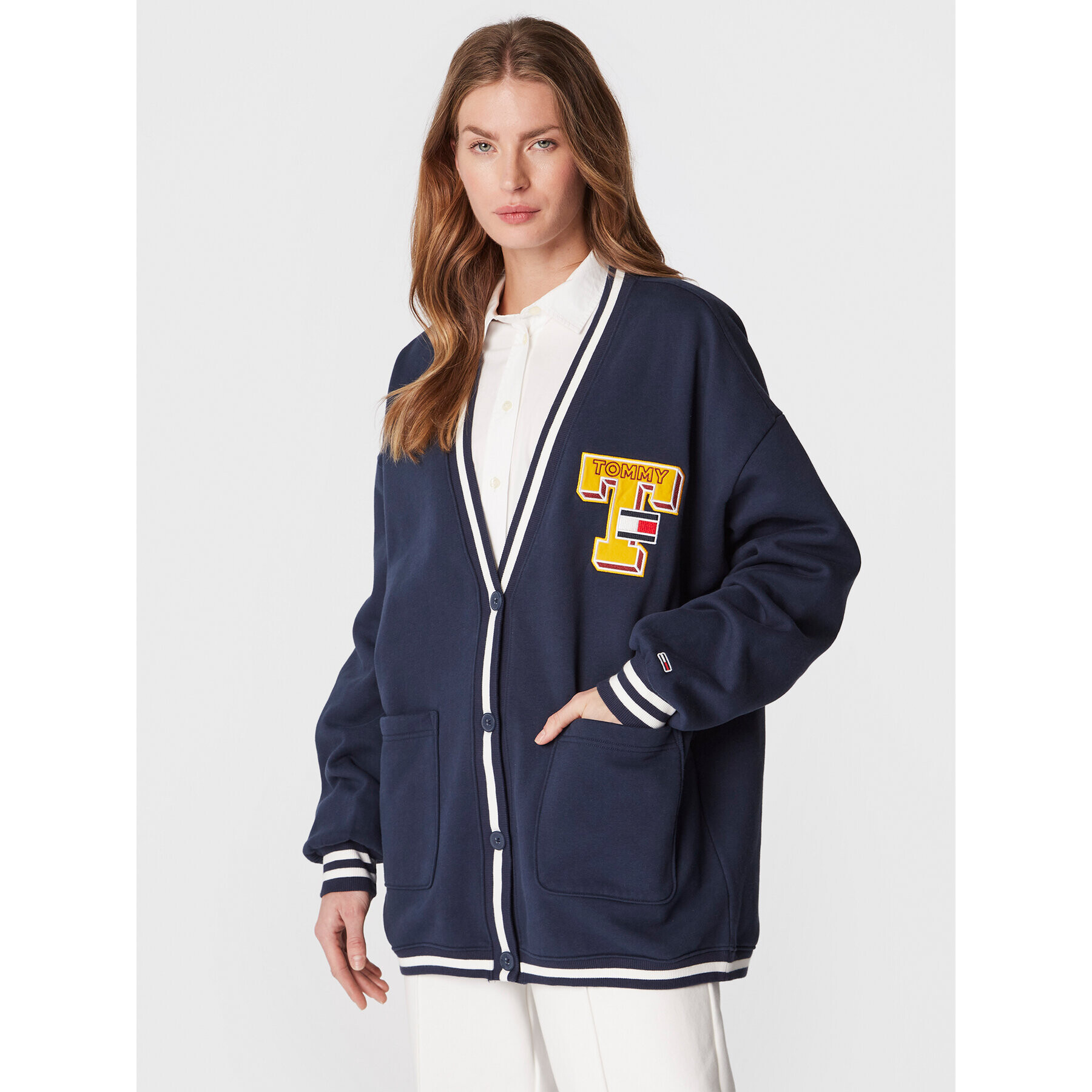 Tommy Jeans Kardigán Collegiate DW0DW14342 Sötétkék Oversize - Pepit.hu